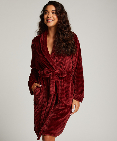 Short Fleece Ribbed Bathrobe, Brown