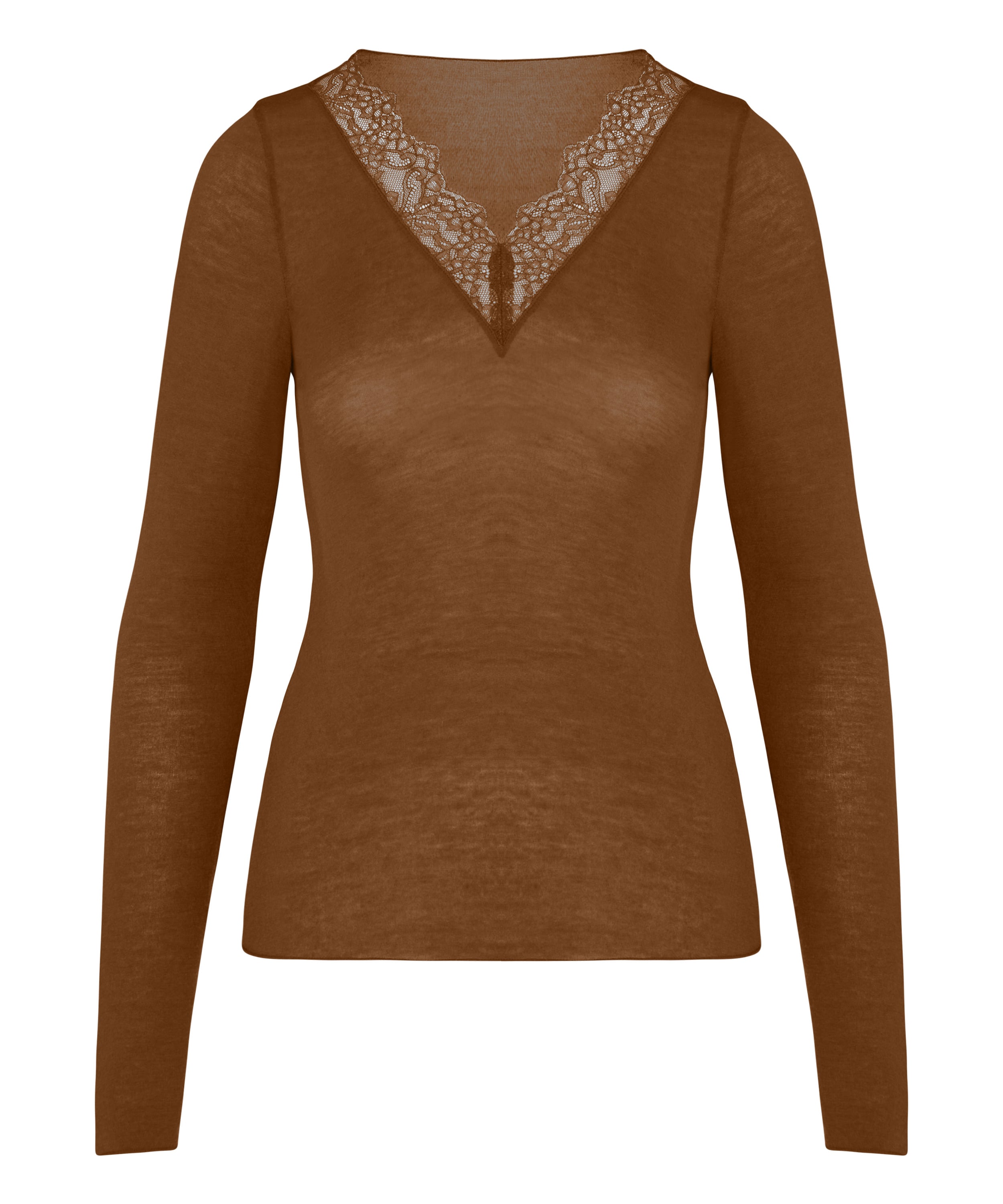 super soft Lace V-Neck Shirt with Cashmere, Brown, main