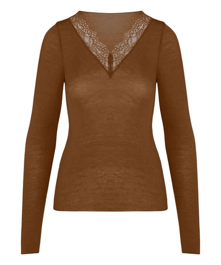 super soft Lace V-Neck Shirt with Cashmere, Brown