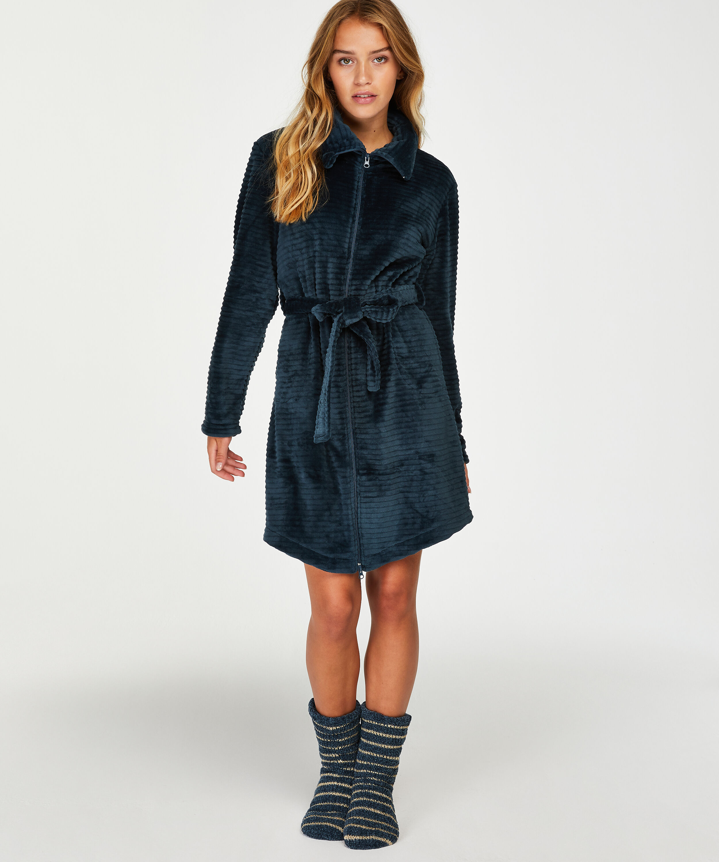 Fleece Zip Bathrobe, Blue