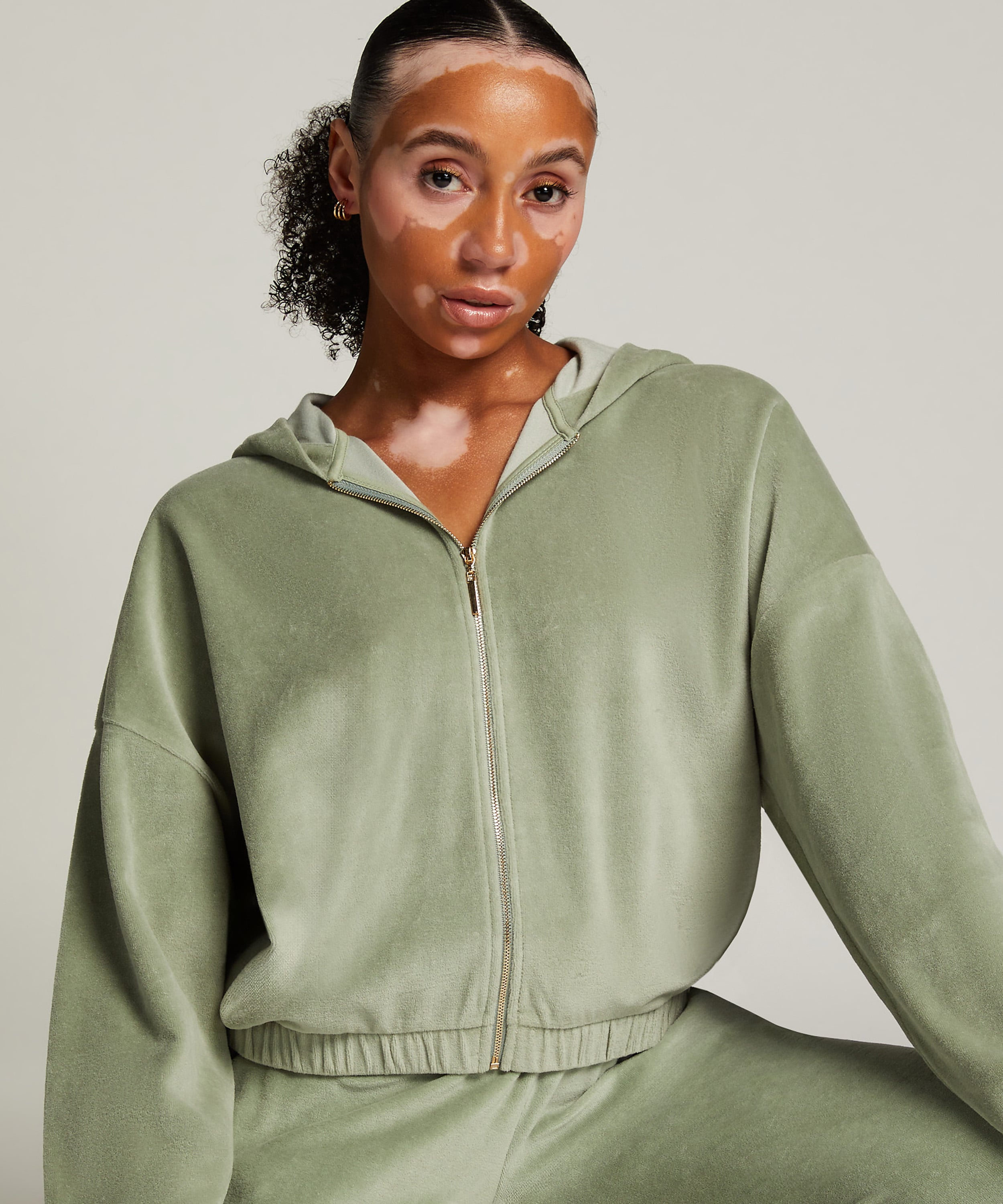 Velours Long-Sleeved Jacket, Green, main