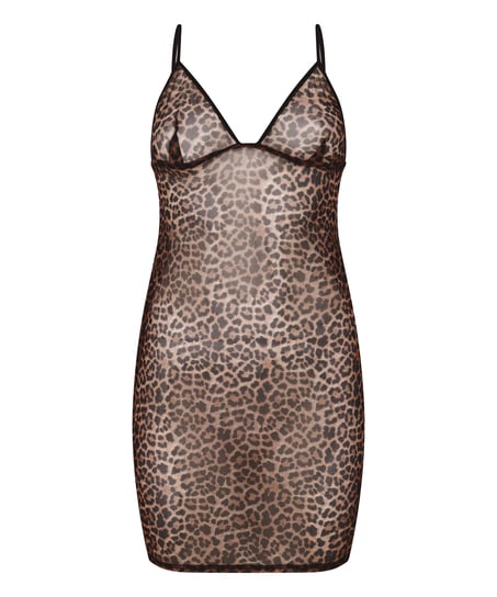 Leopard Mesh Slip Dress, Black