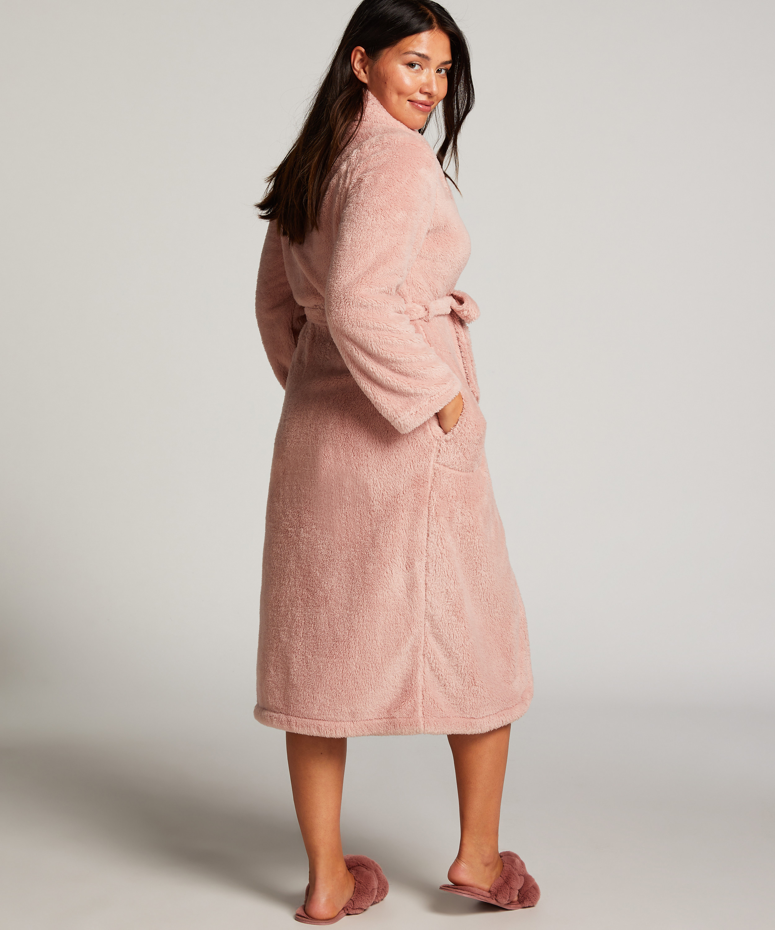 Long Fleece Bathrobe, Pink, main