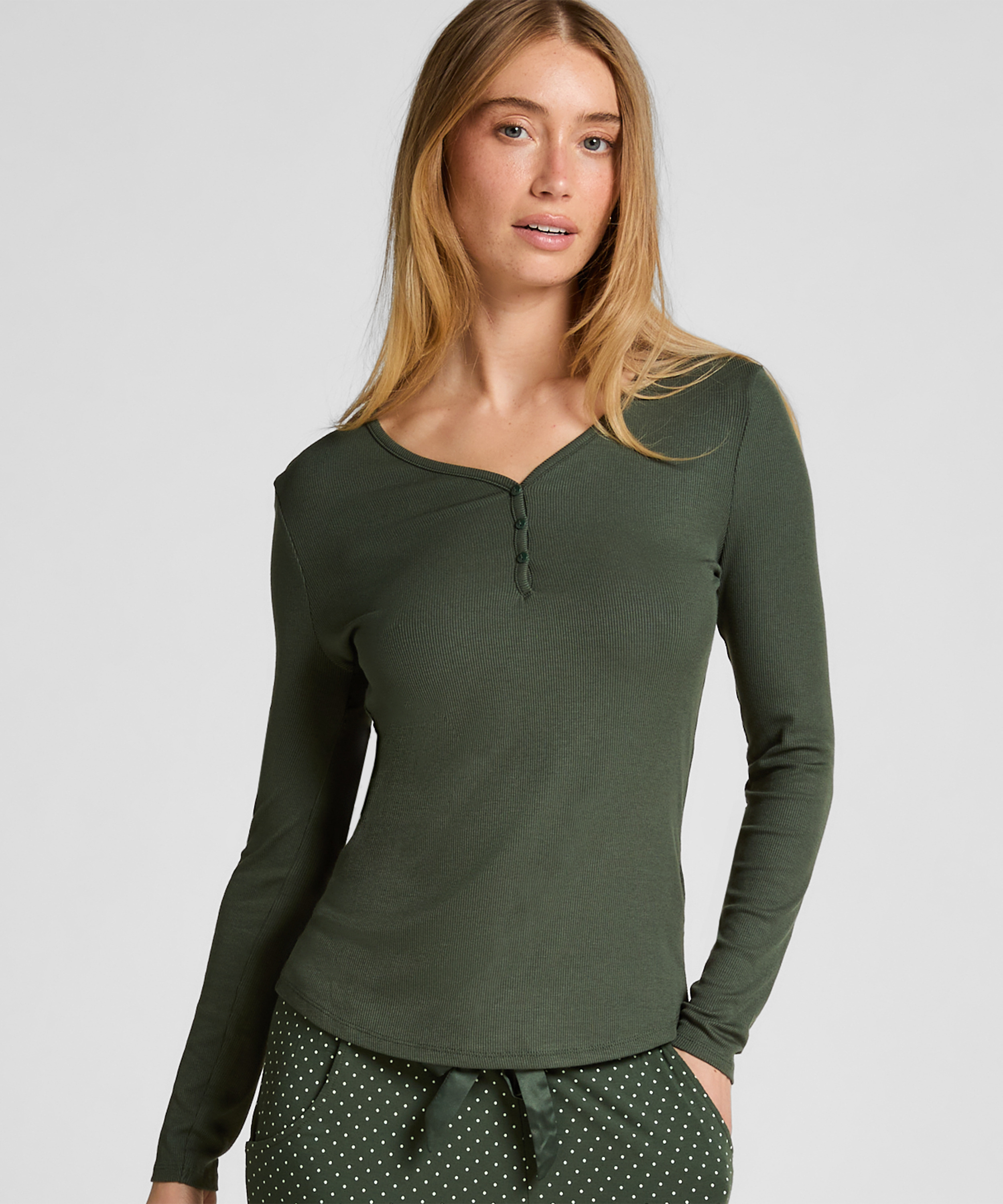 Longsleeved Pyjama Top Henley, Green, main