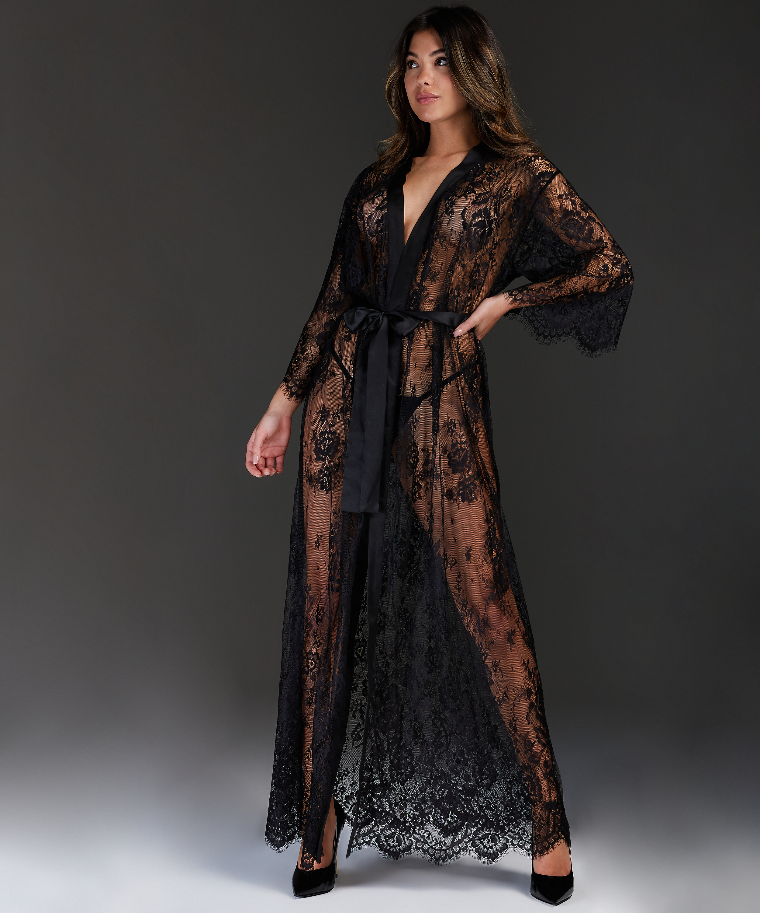 Long Allover Lace Kimono, Black, main