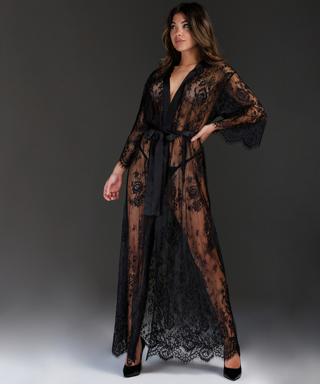 Long Allover Lace Kimono, Black