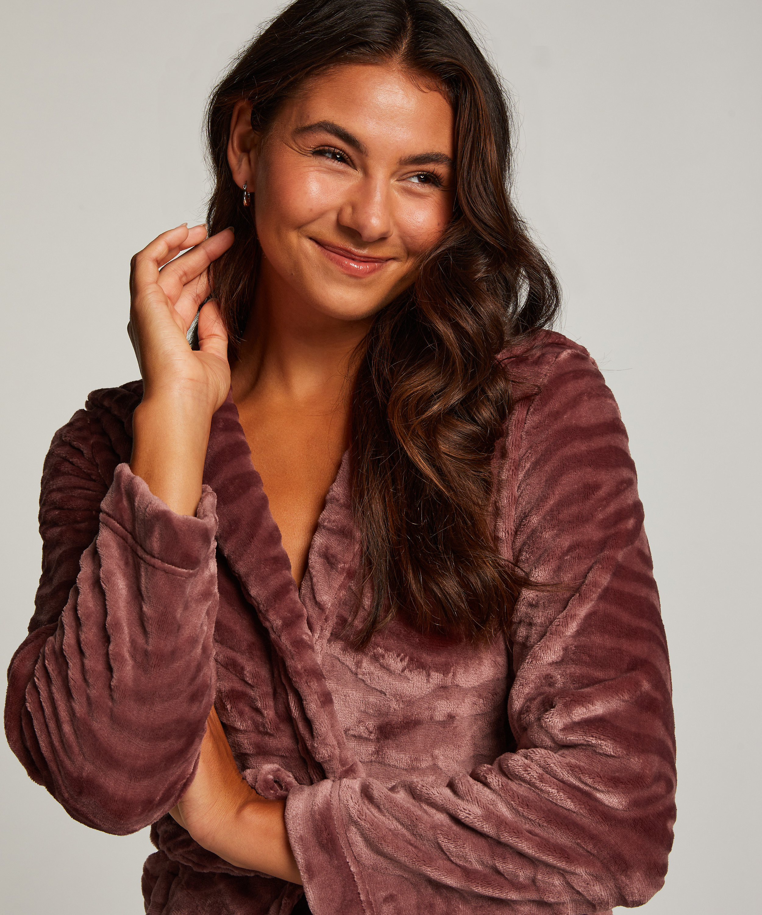 Short Fleece Ribbed Bathrobe, Purple, main