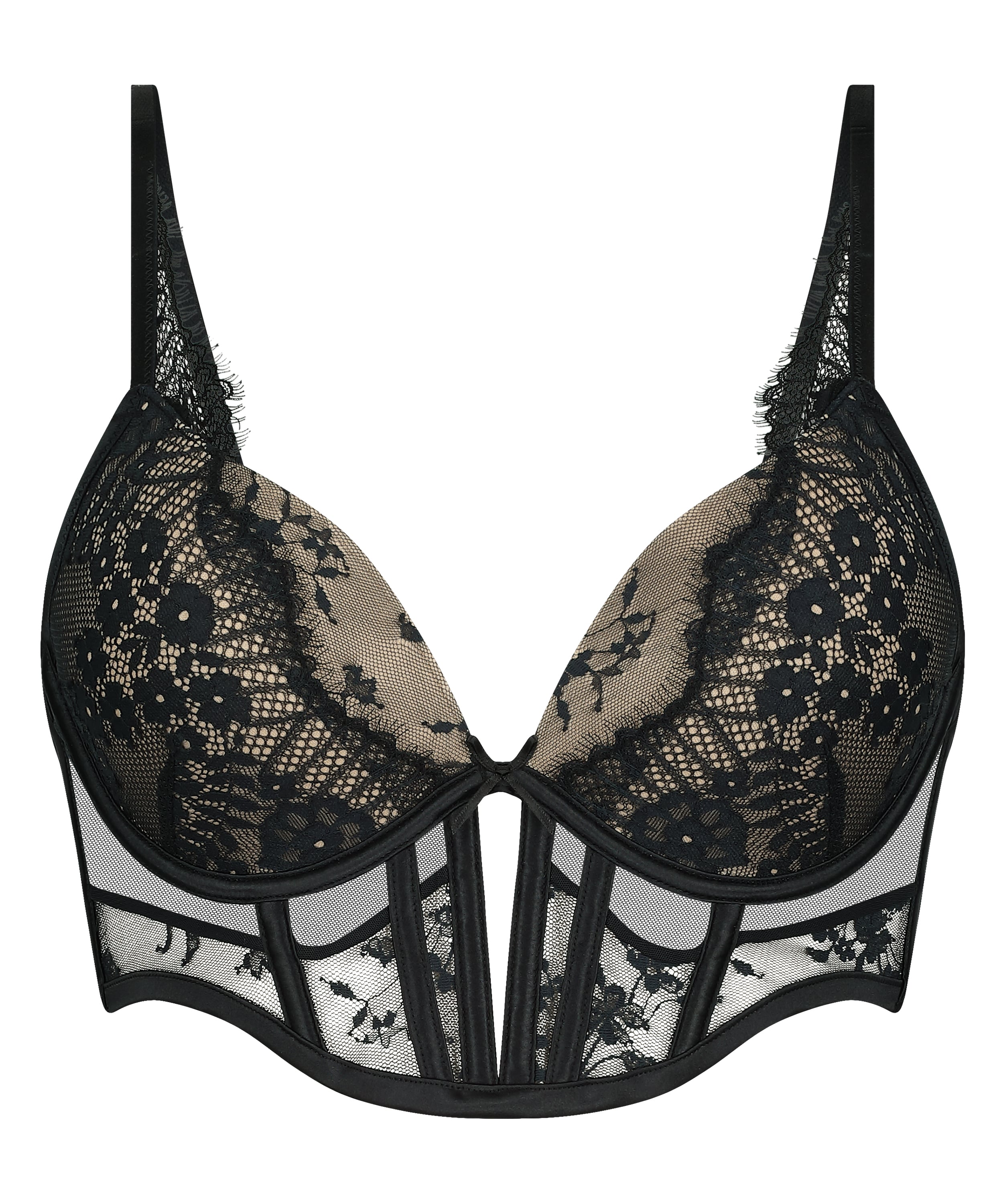 Daphne Padded Underwired Longline Push-Up Bra, Black, main