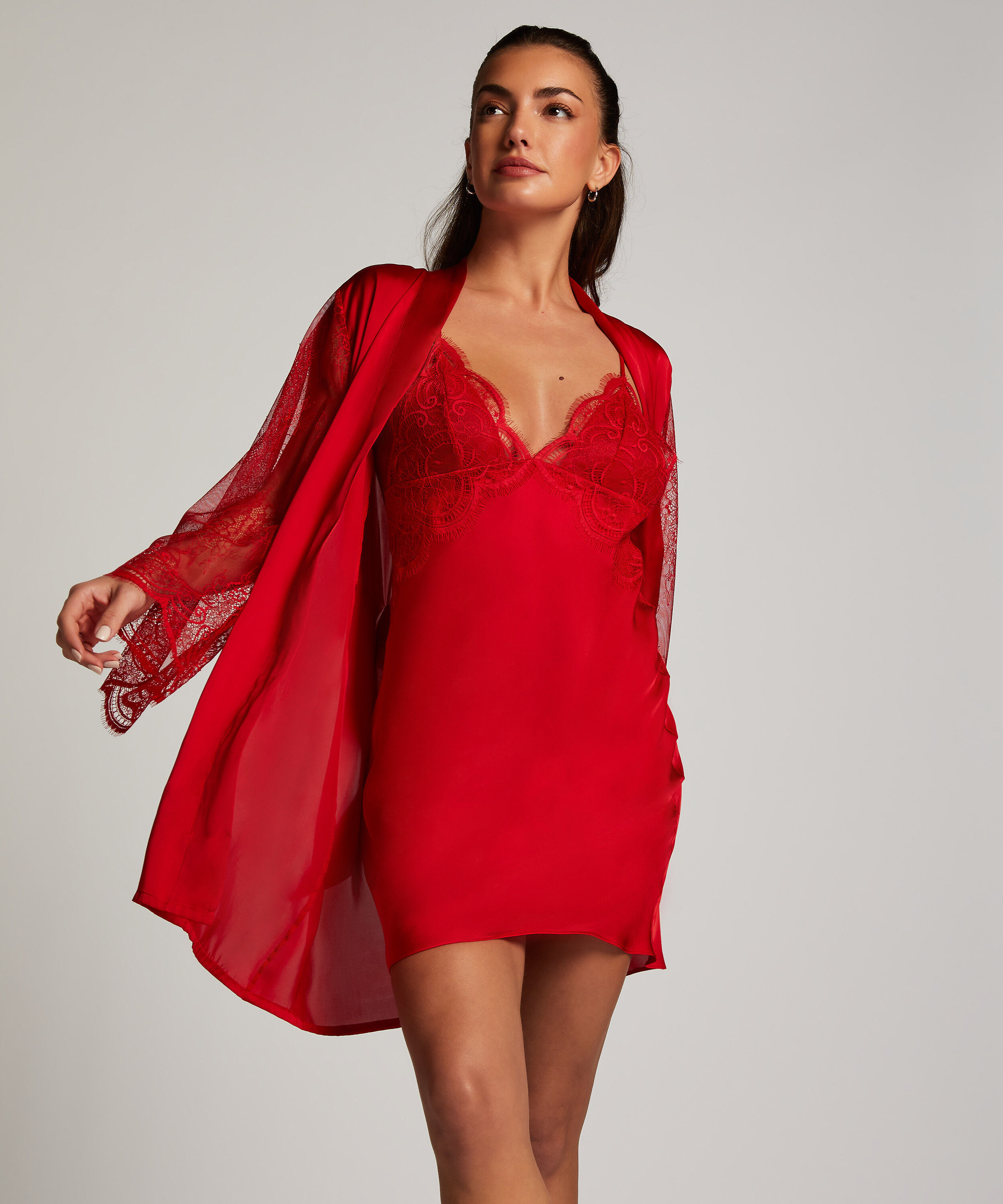 Satin Lace Kimono, Red