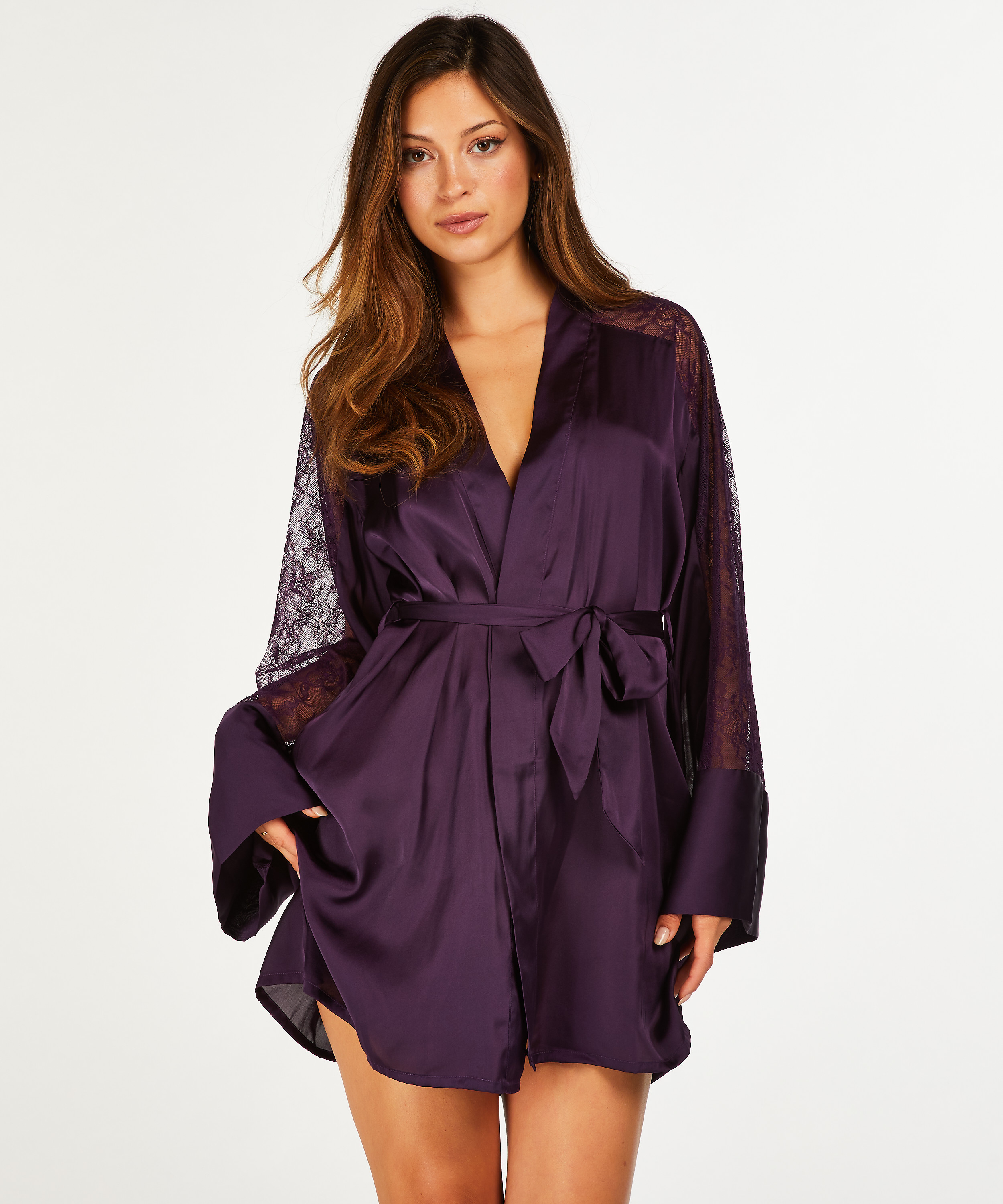Sienna Lace Satin Kimono, Purple, main