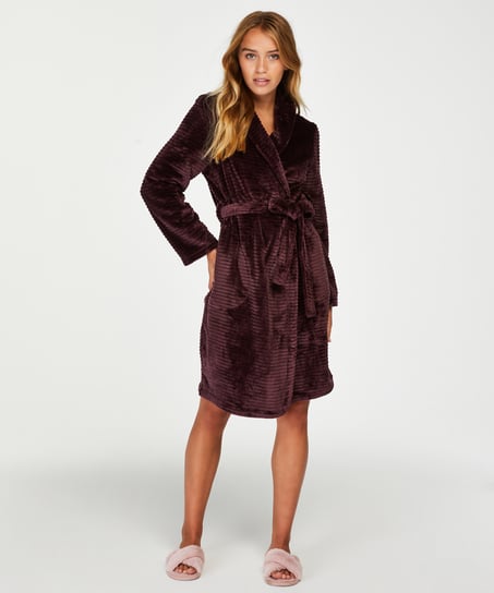 Short Fleece Ribbed Bathrobe, Purple