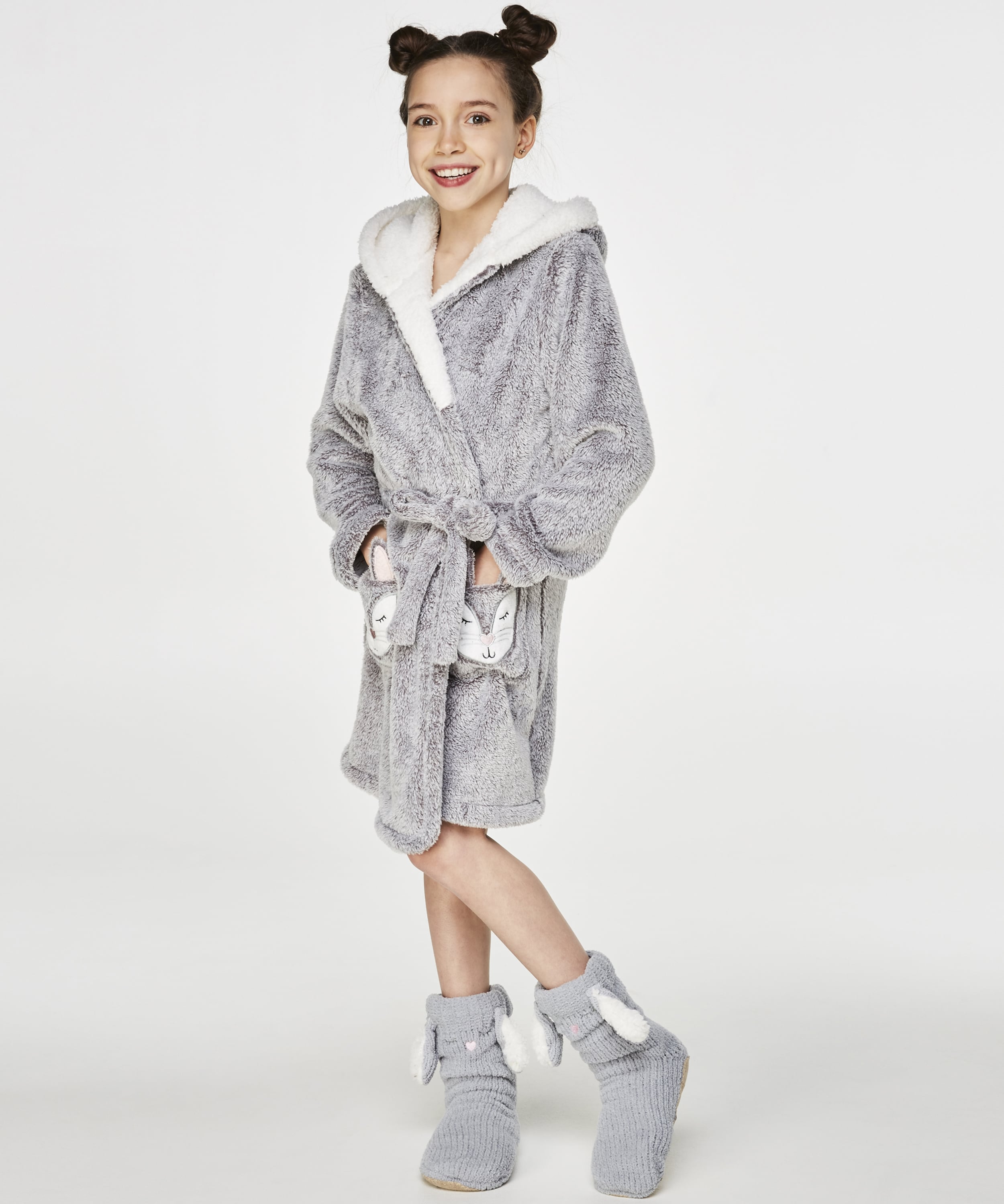 Teens Fleece Bathrobe, Gray, main