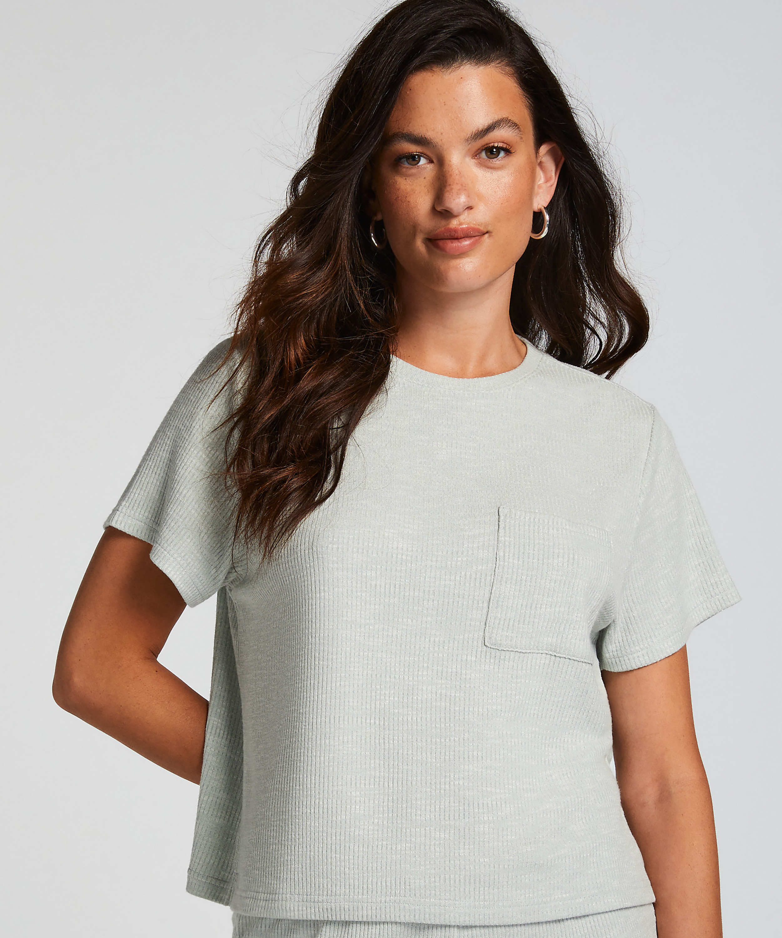 Rib Short-Sleeved Top, Green, main