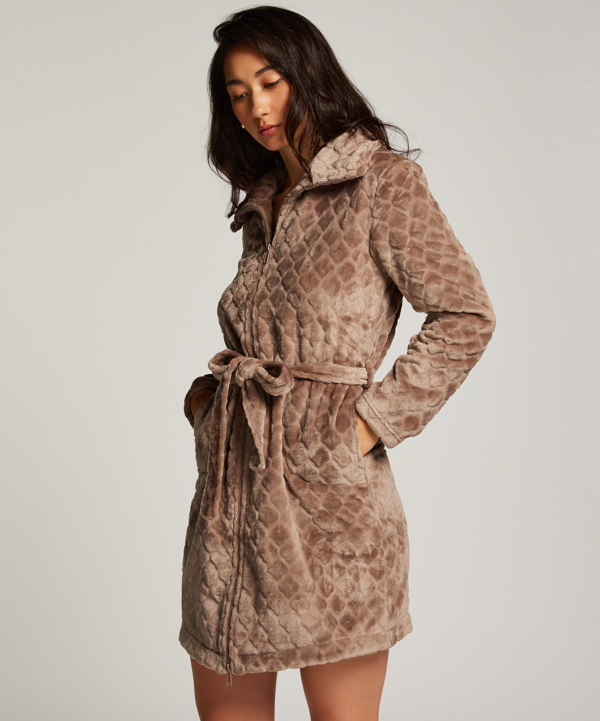 Fleece Zip Bathrobe, Brown, main