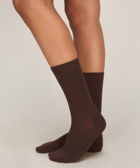 Cashmere Blend Ribbed Socks, Brown