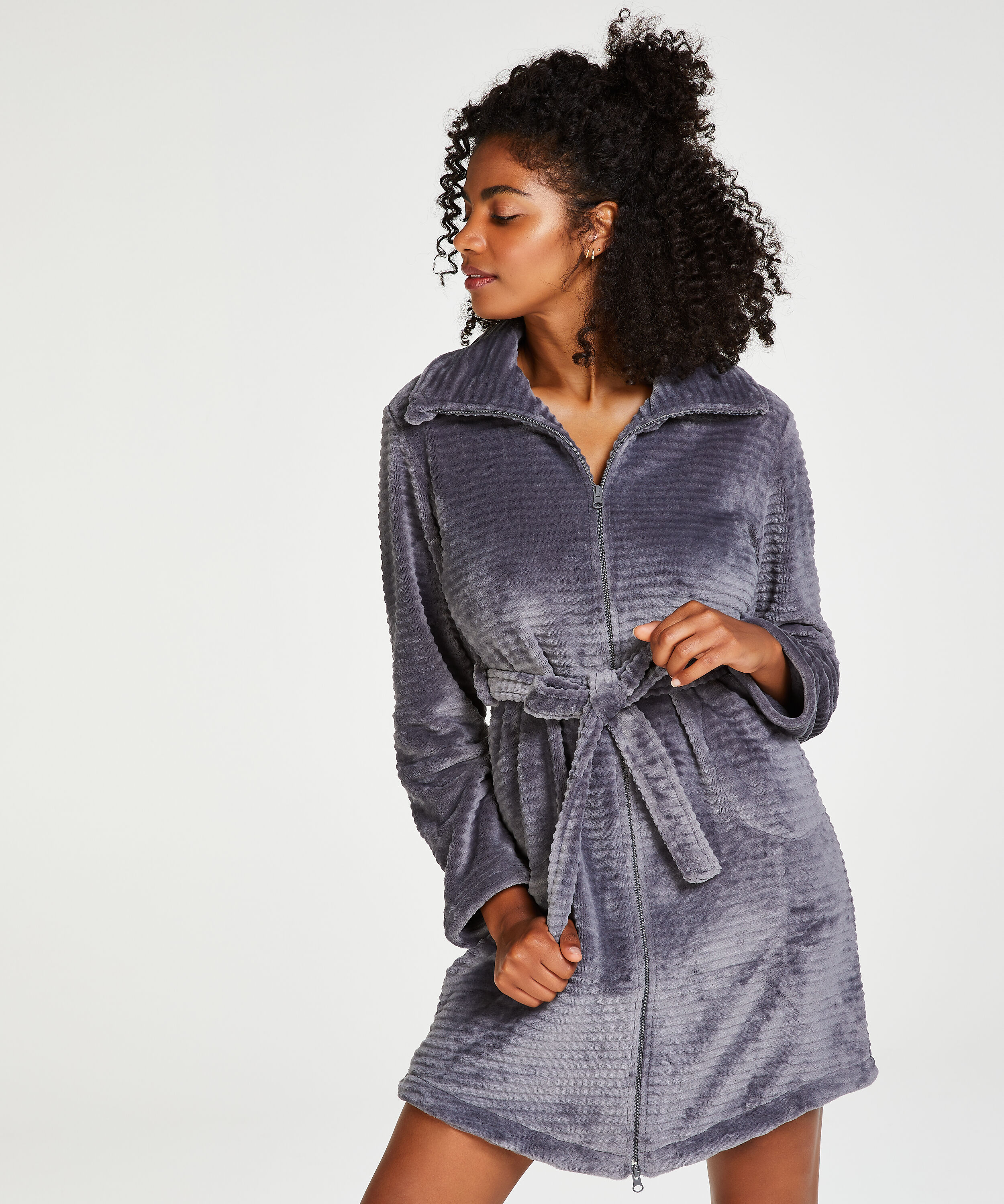 Fleece Zip Bathrobe, Gray