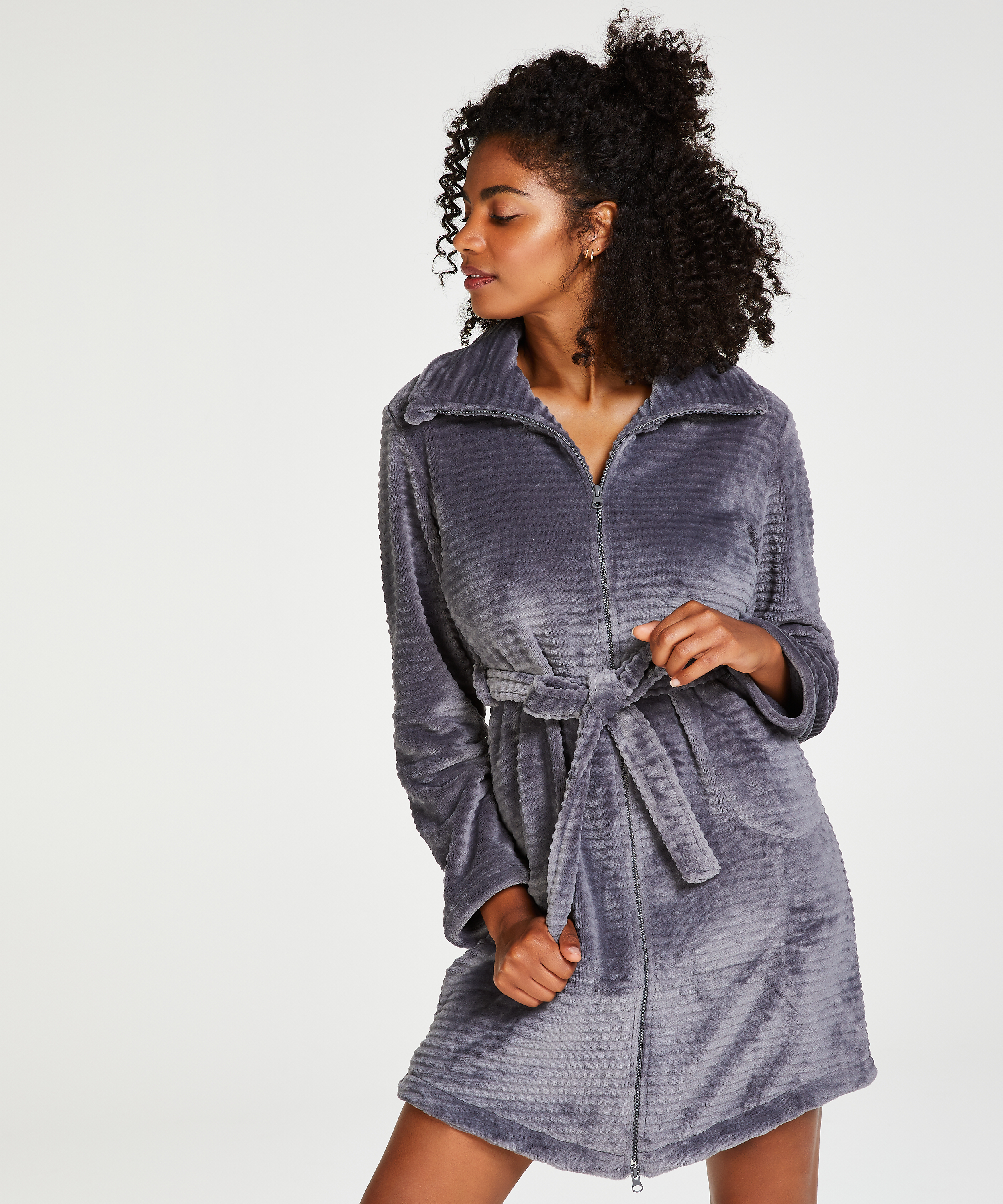 Fleece Zip Bathrobe, Gray, main