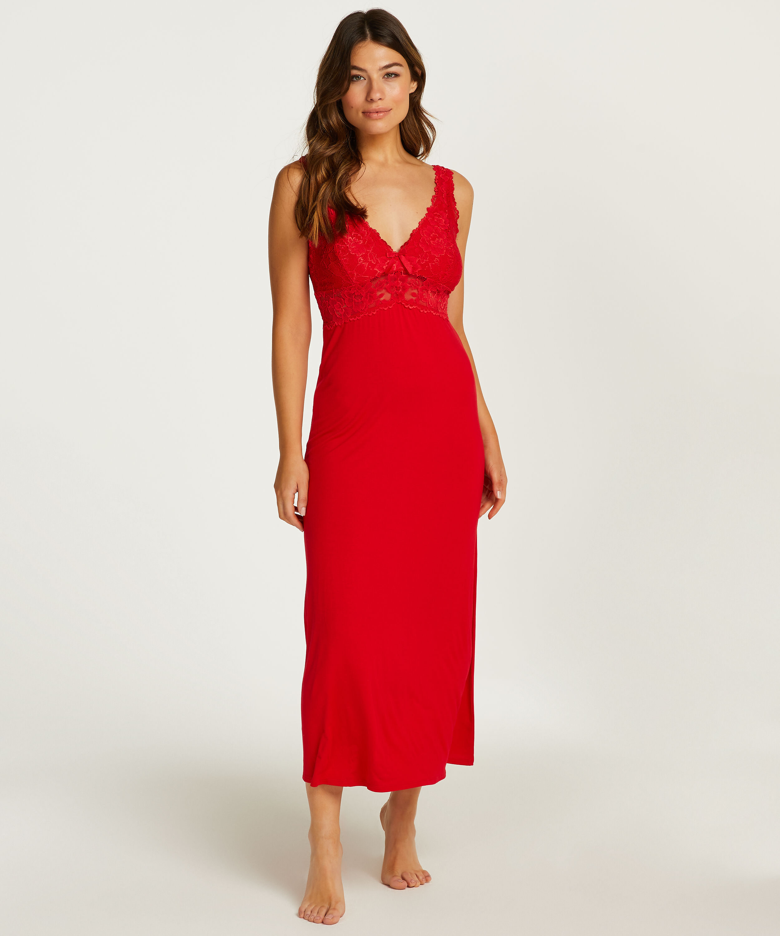 Nora Lace Long Slip Dress, Red