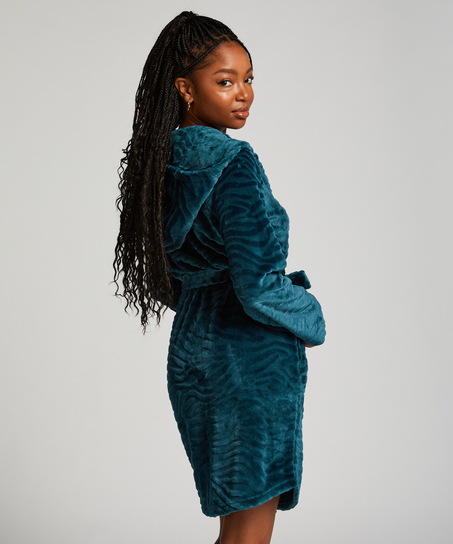 Short Fleece Ribbed Bathrobe, Blue