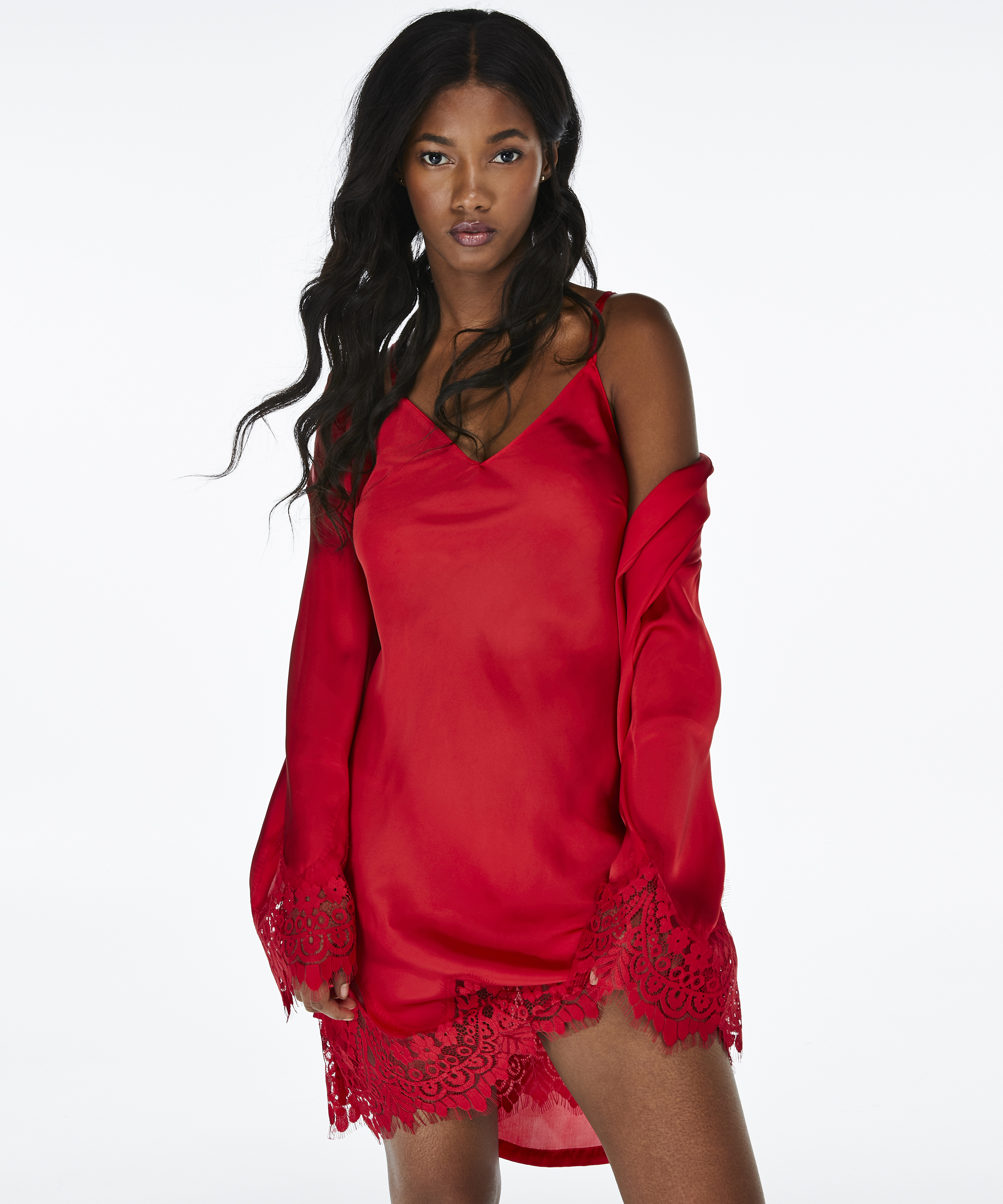 Lace Satin Slip Dress, Red, main