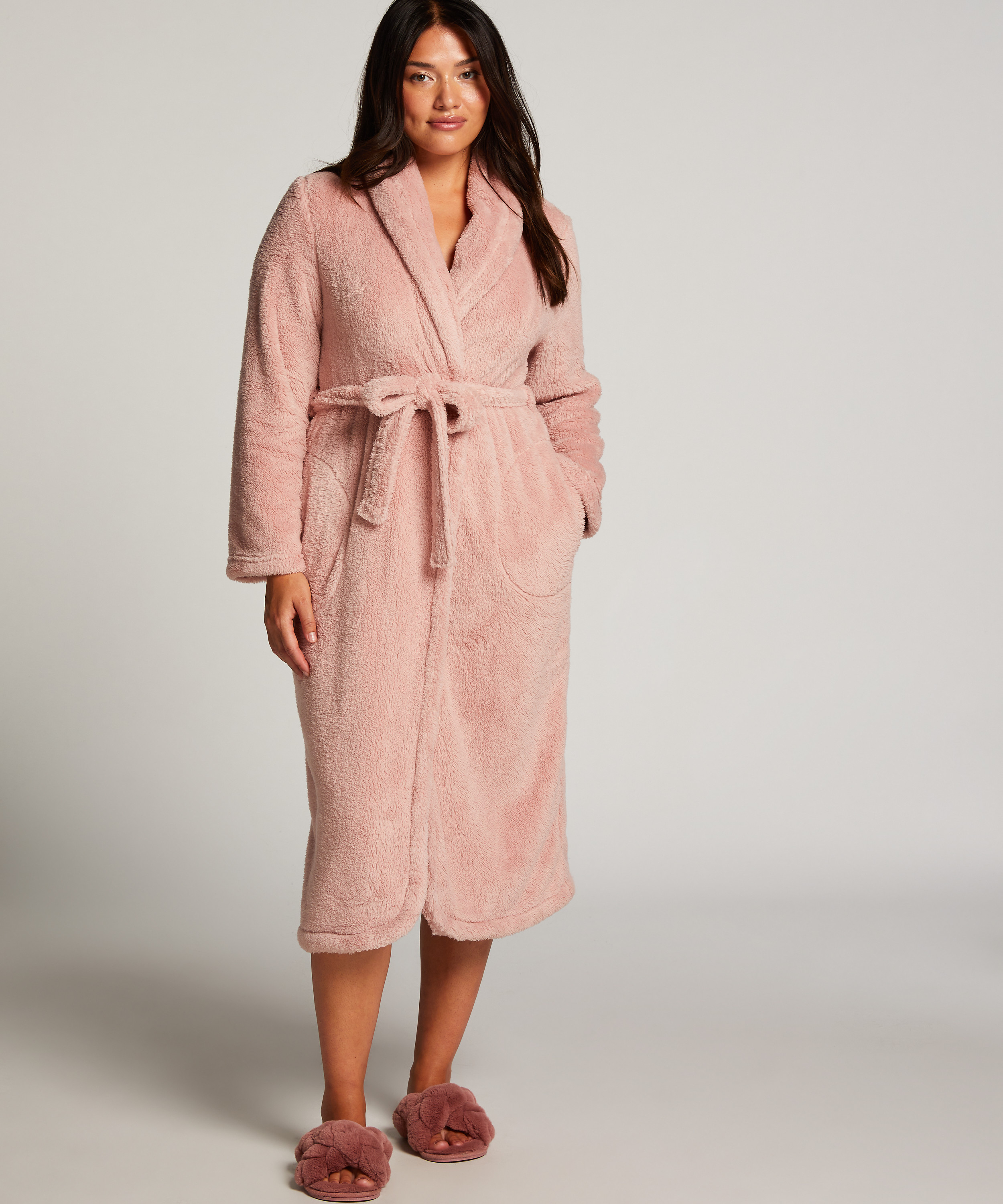 Long Fleece Bathrobe, Pink, main