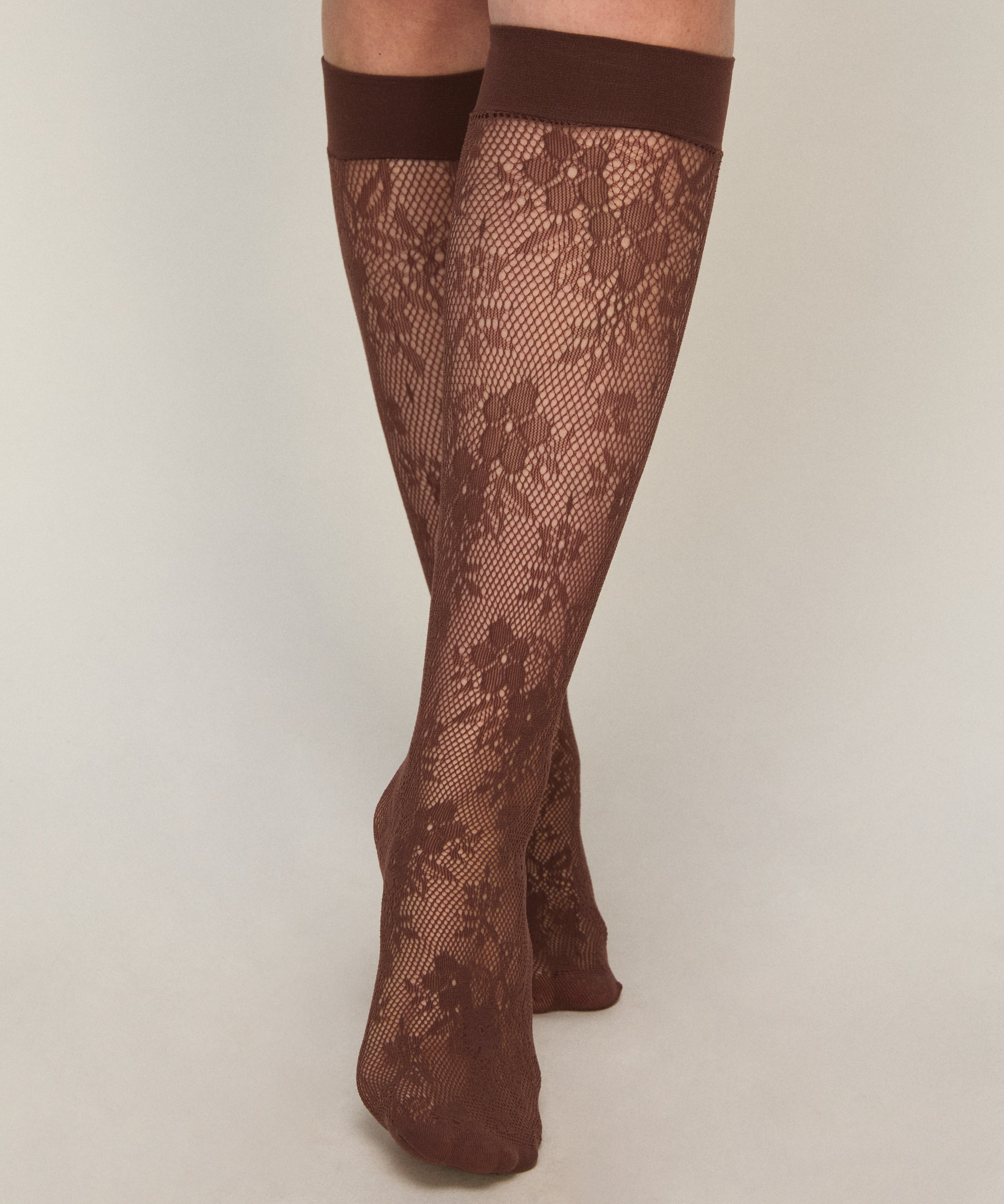 Sheer Socks Lace Fishnet, Brown, main