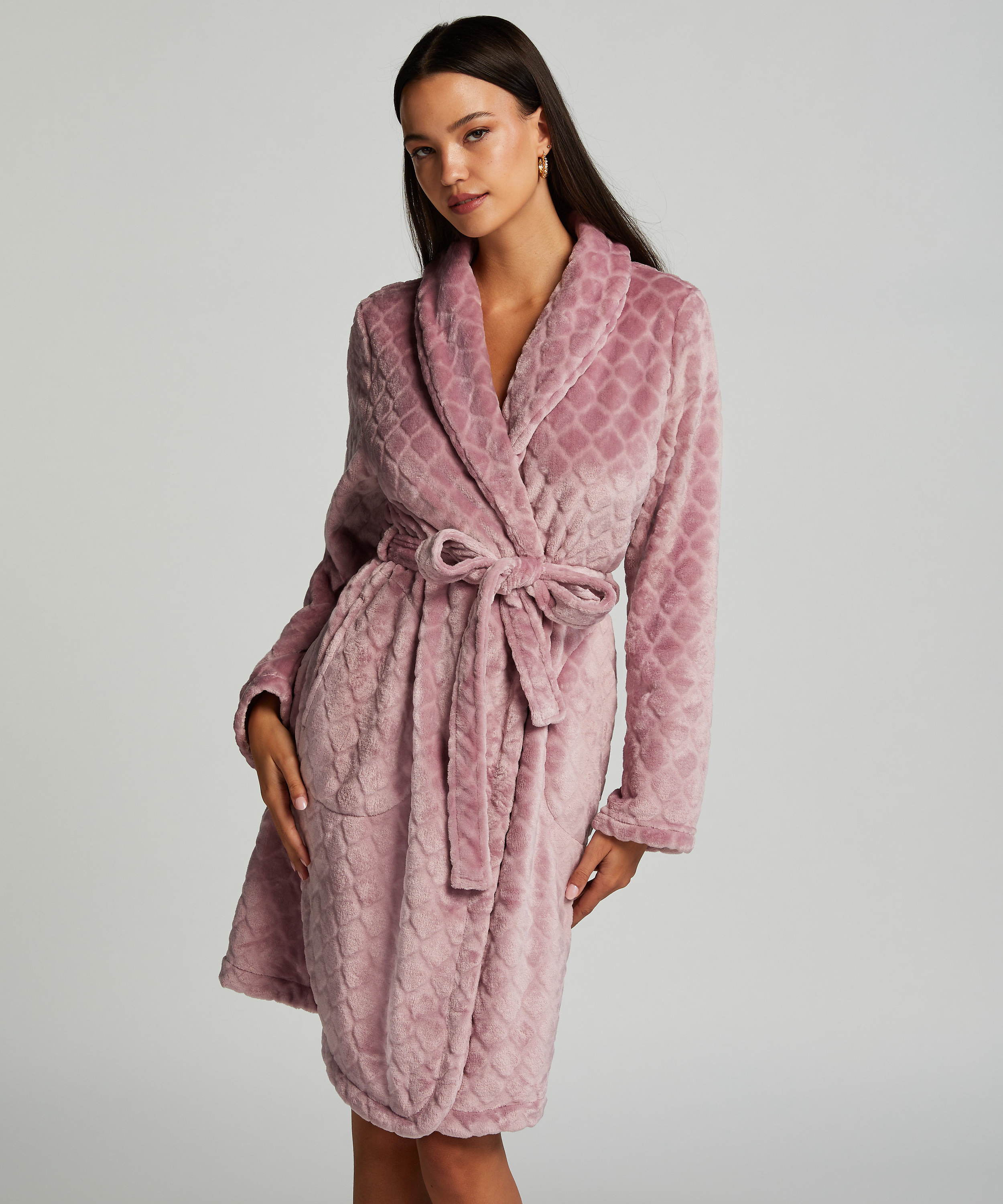 Short Fleece Ribbed Bathrobe, Purple, main