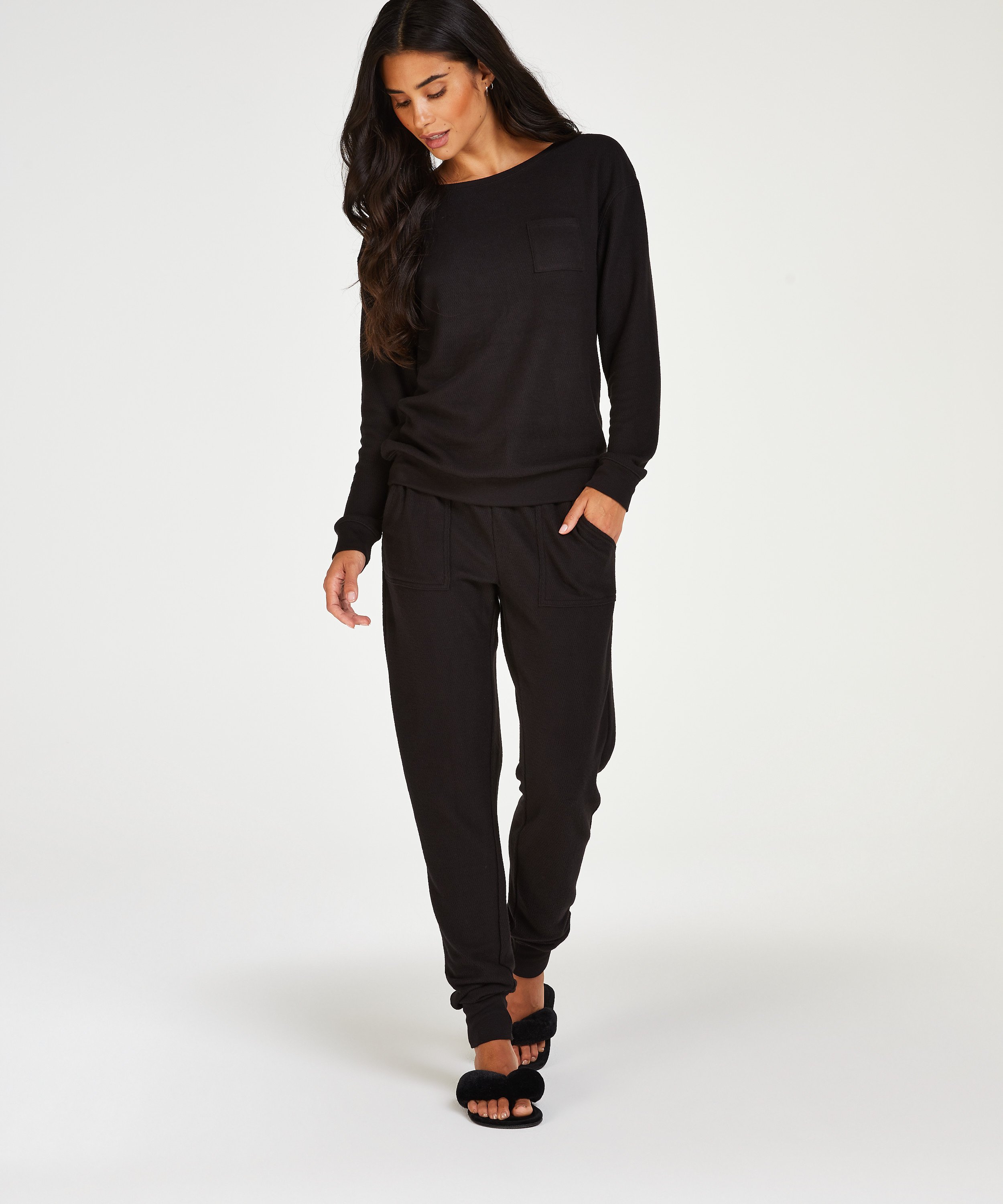 Waffle Placket Pyjama, Black, main