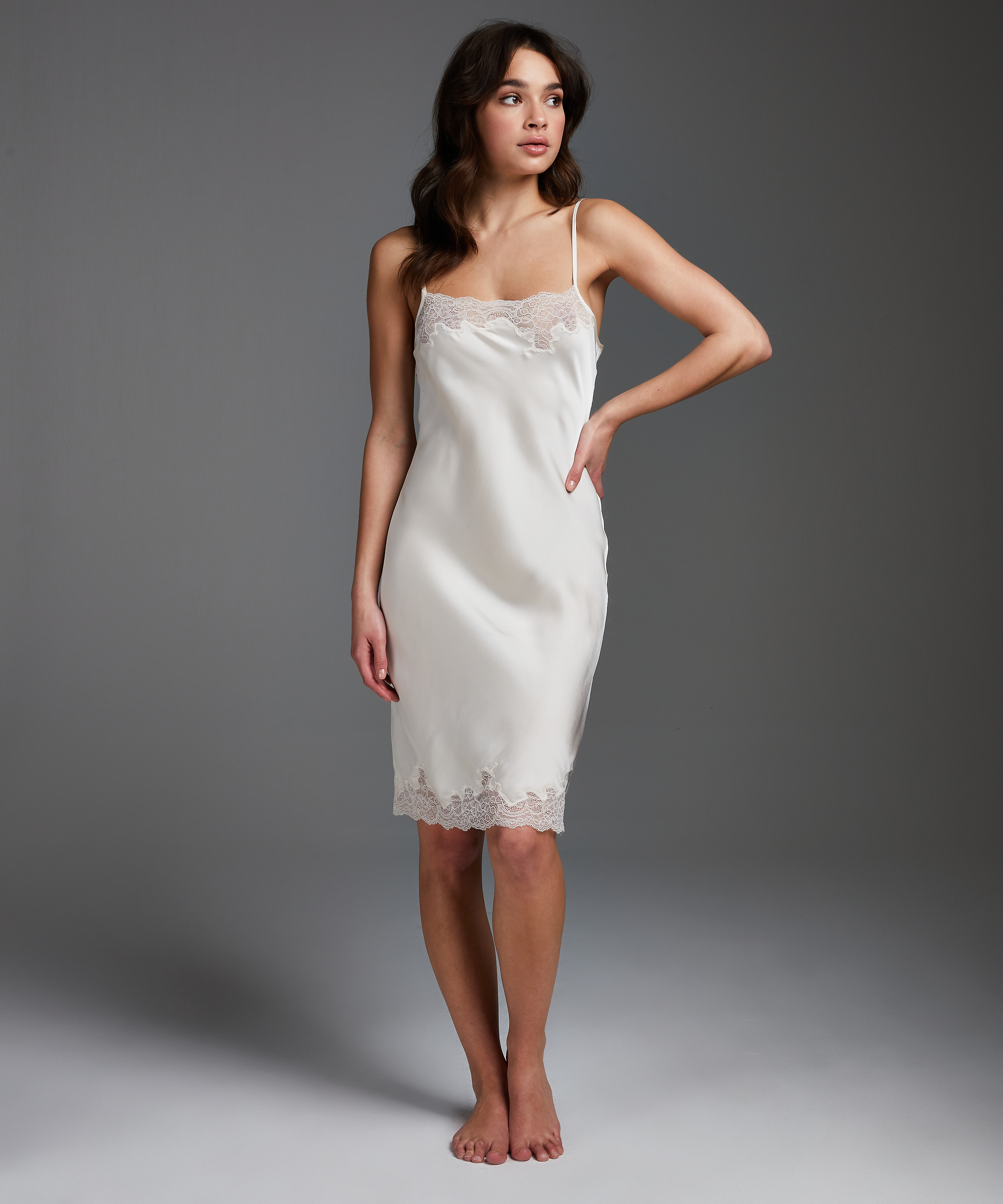 Satin Lace slip dress, Beige, main