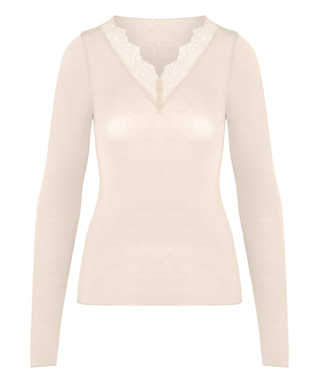 super soft Lace V-Neck shirt with Cashmere, White