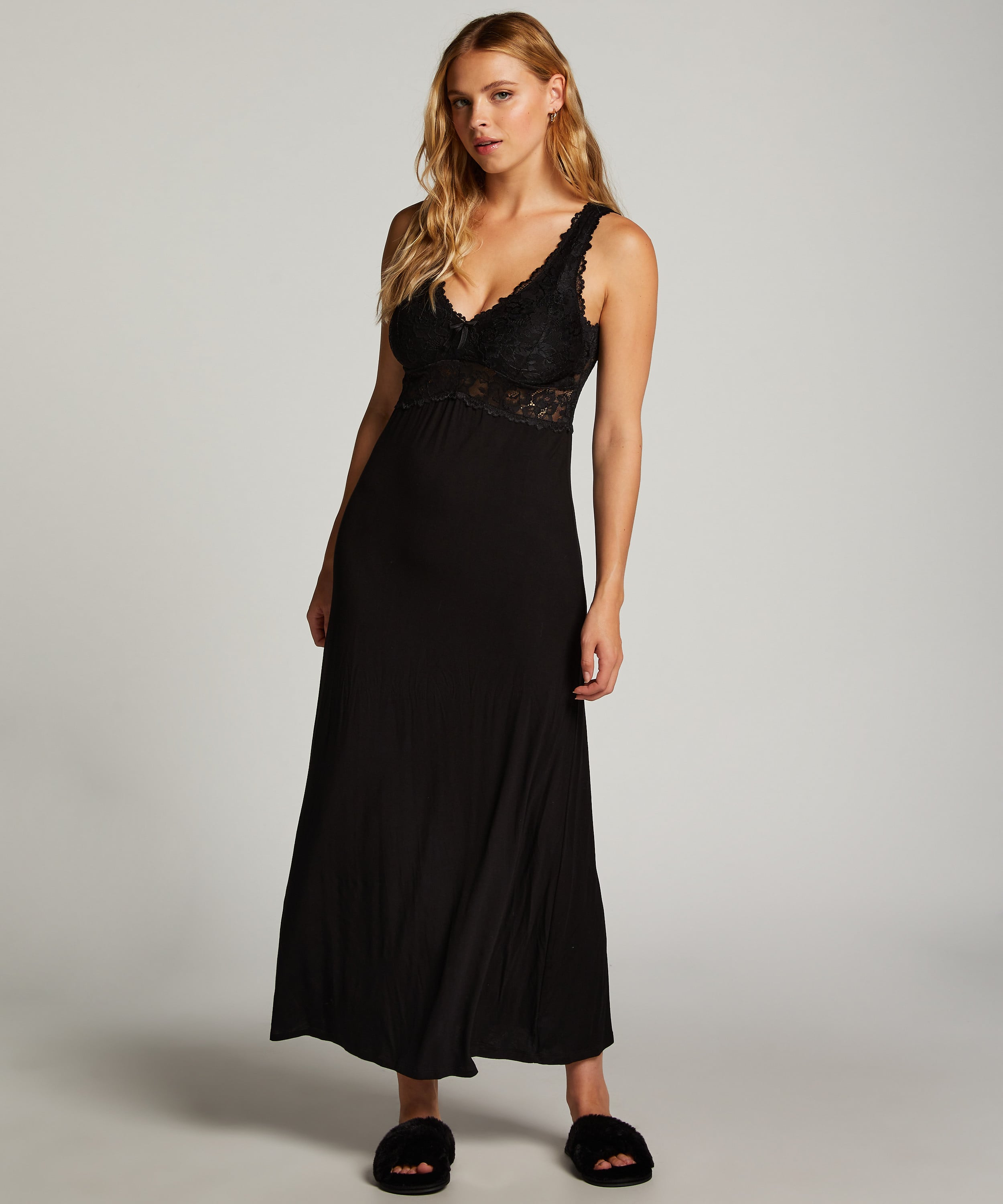 Slipdress Nora Lace Long, Black, main