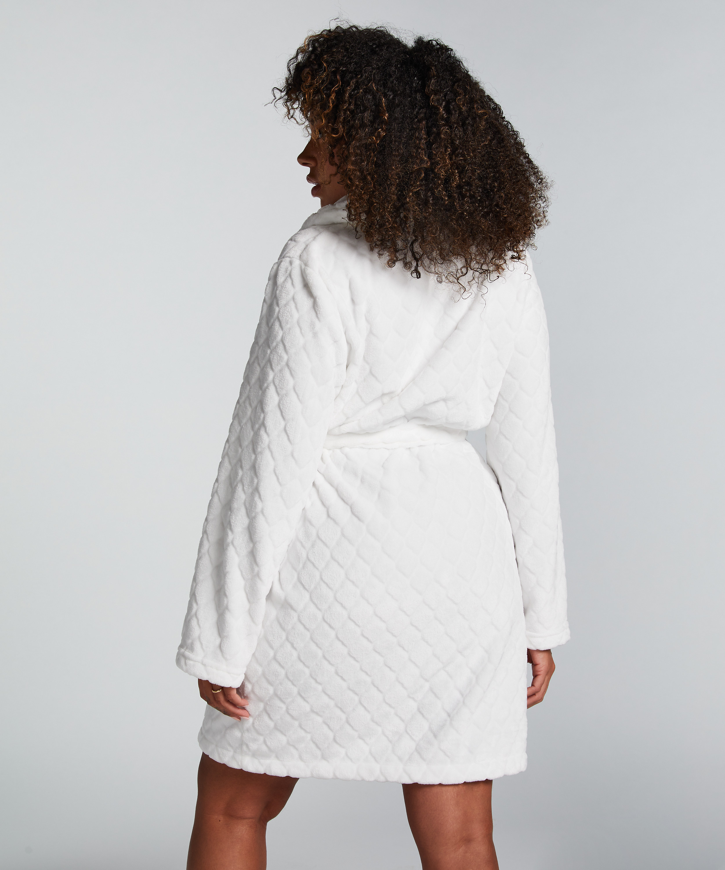Short Fleece Ribbed Bathrobe, White, main
