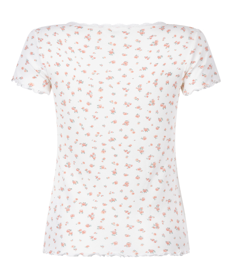 Ribbed Lace Short-sleeved Top, White