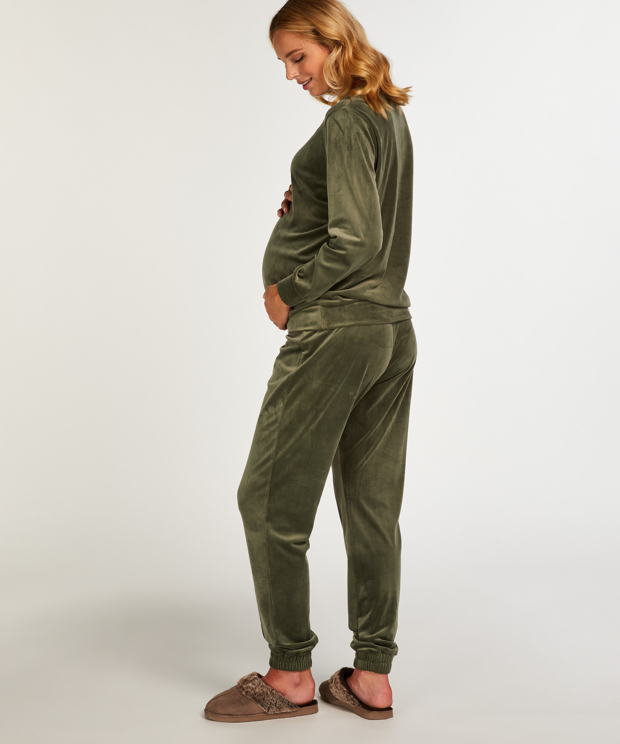 Velours Pintuck Maternity Jogging Bottoms, Green, main