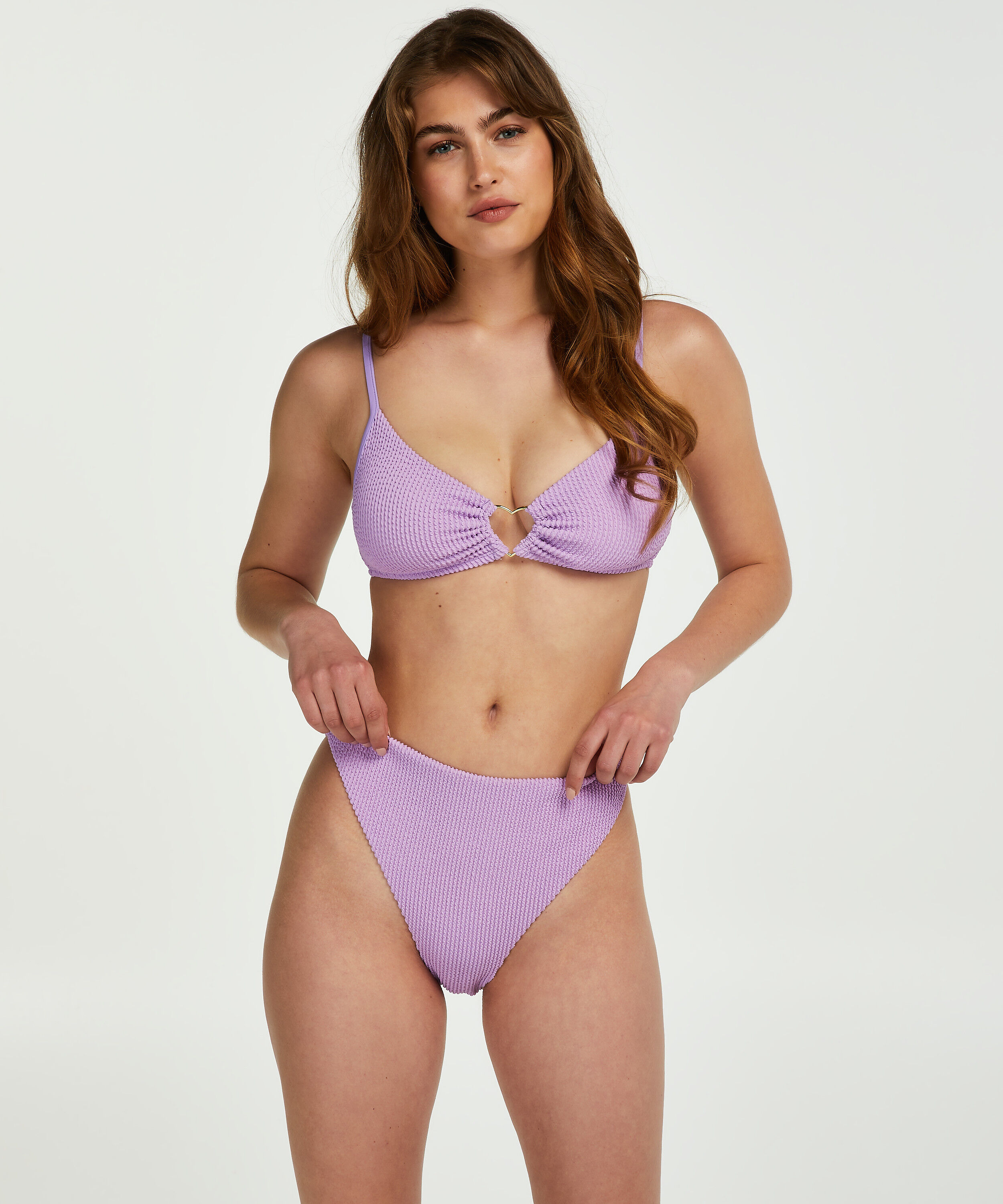 Crinkle High-Leg Bikini Bottoms, Purple