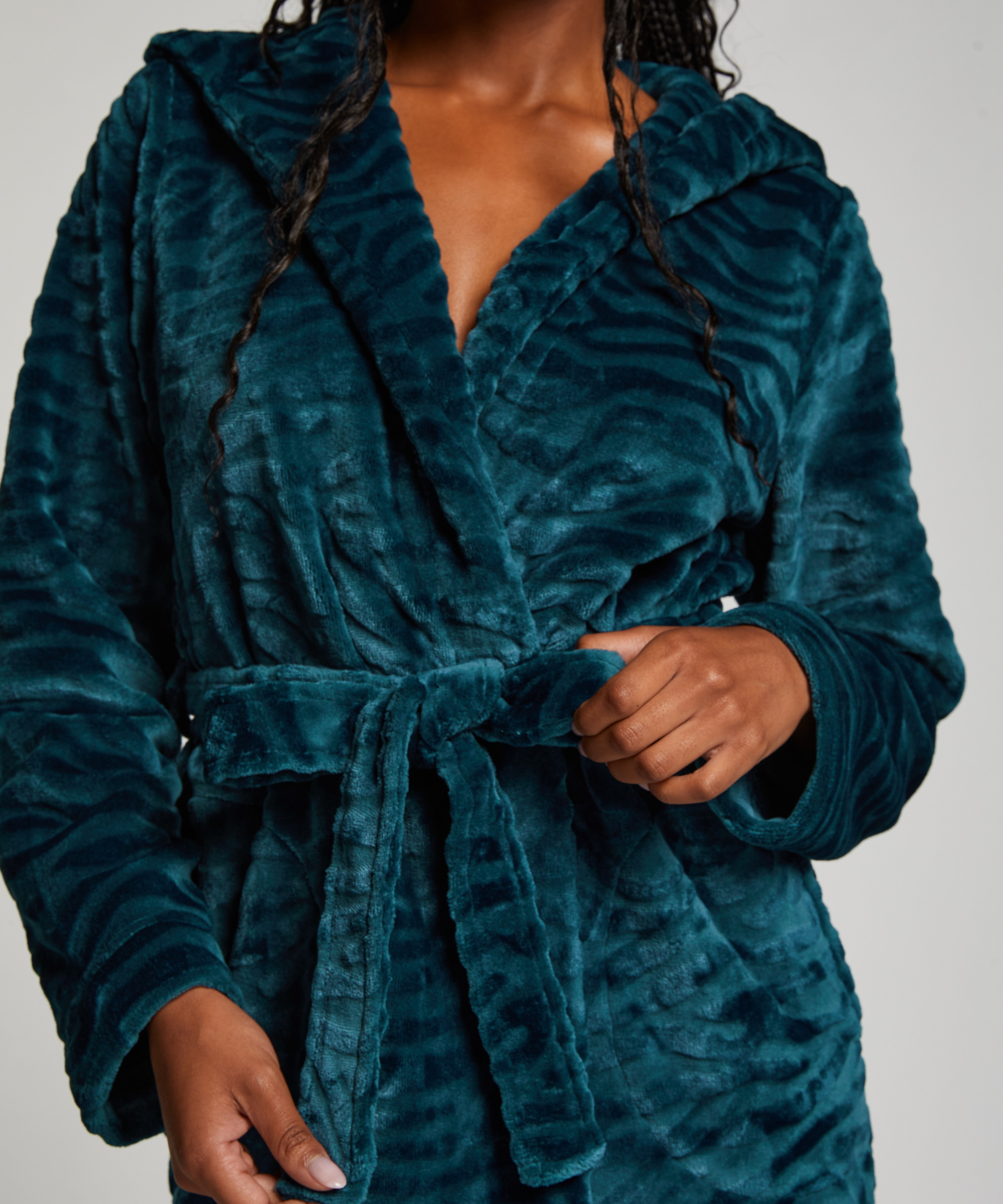 Short Fleece Ribbed Bathrobe, Blue, main