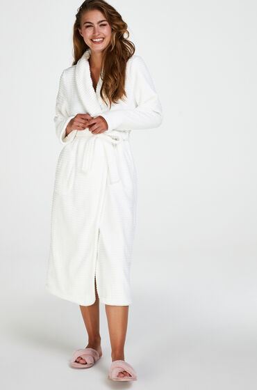 hunkemöller long fleece ribbed bathrobe white