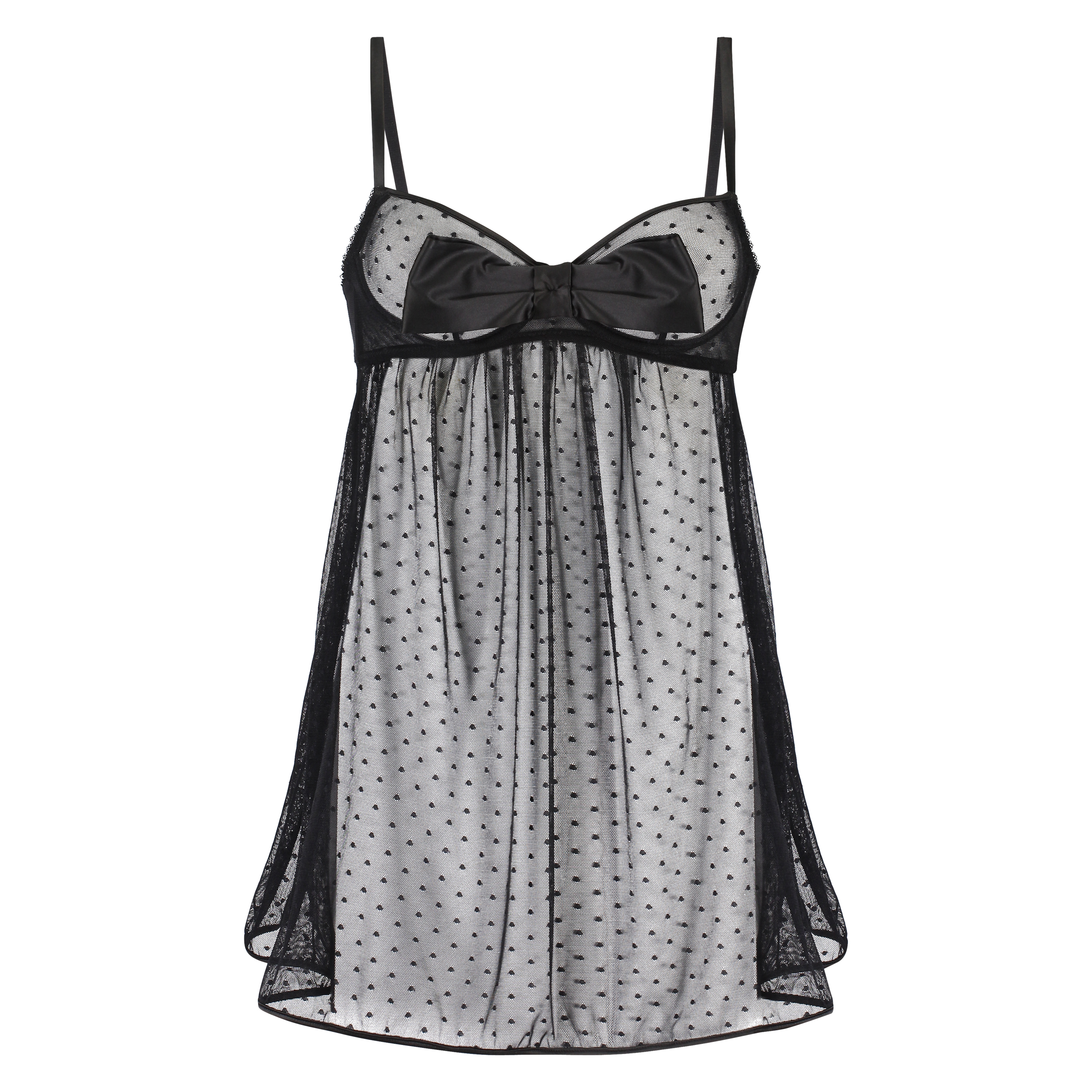 Bow Dotted Mesh Underwired Slip Dress , Black, main