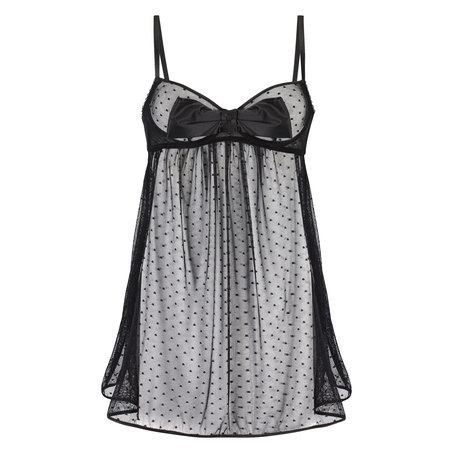 Bow Dotted Mesh Underwired Slip Dress , Black