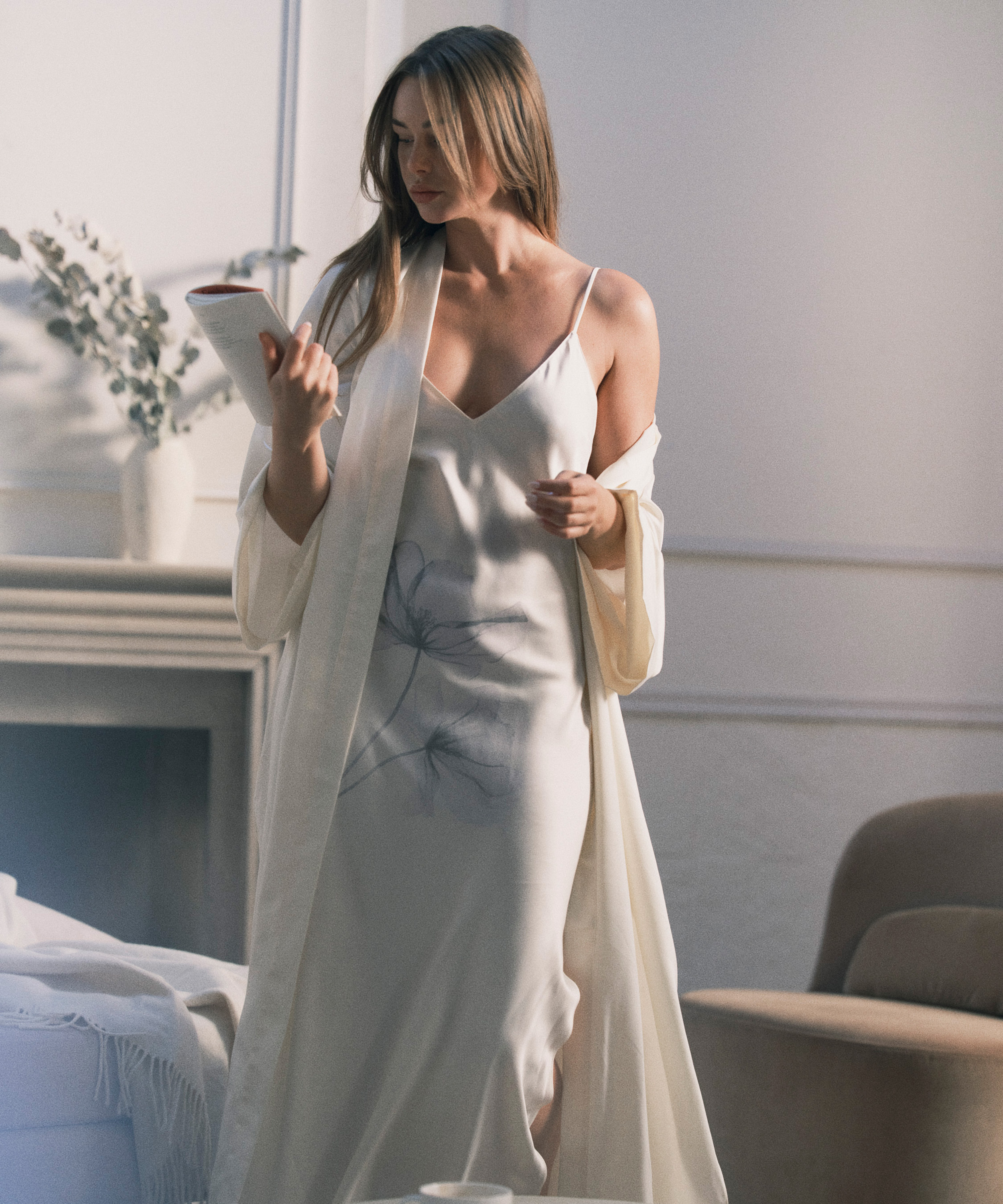 Kimono Long Satin Floral, White, main