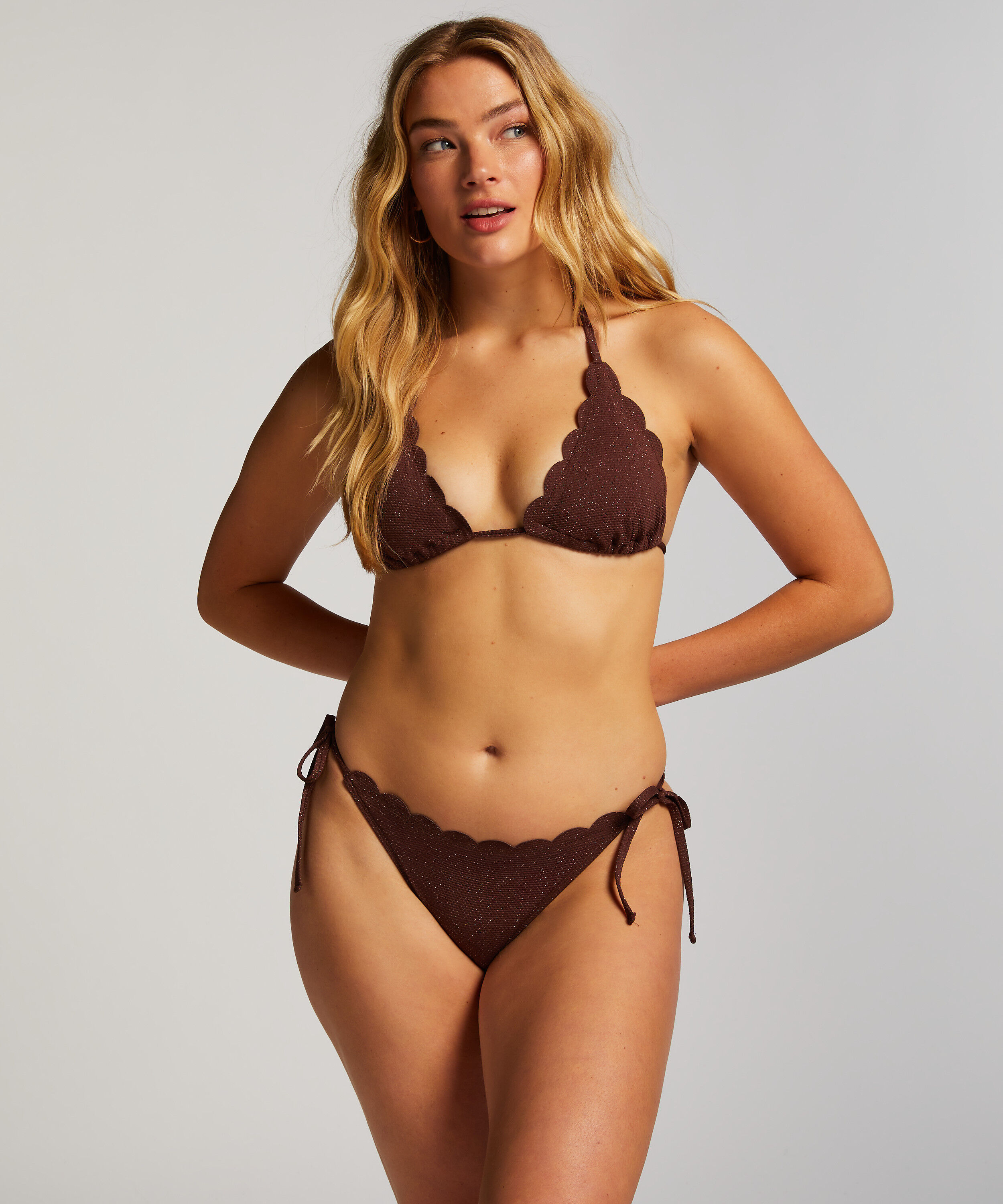 Scallop Lurex Triangle Bikini Top, Brown