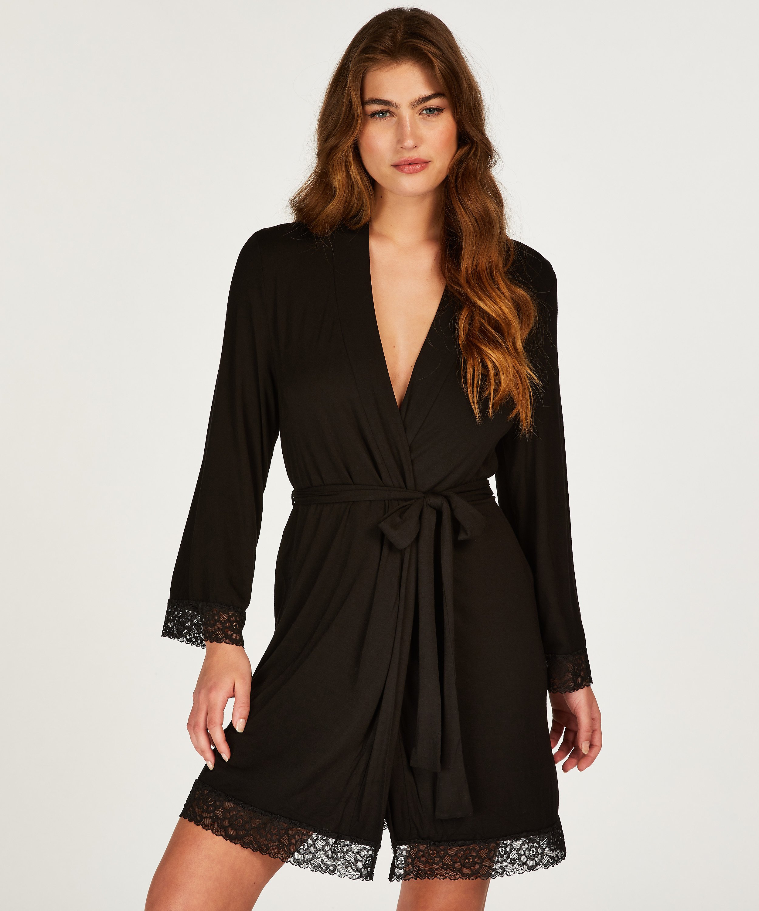 Short Viscose Lace Robe, Black, main