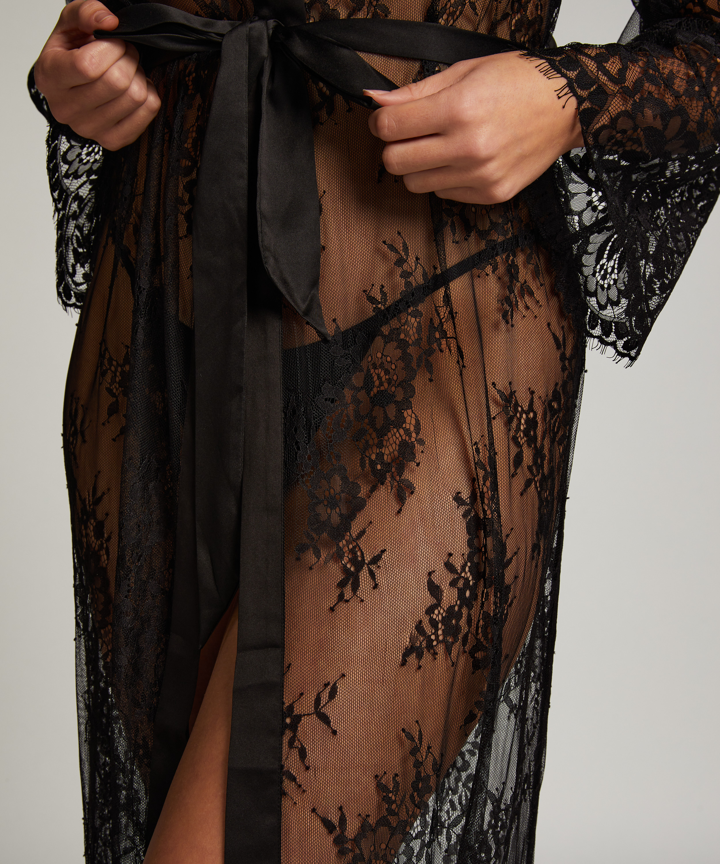 Long Allover Lace Kimono, Black, main