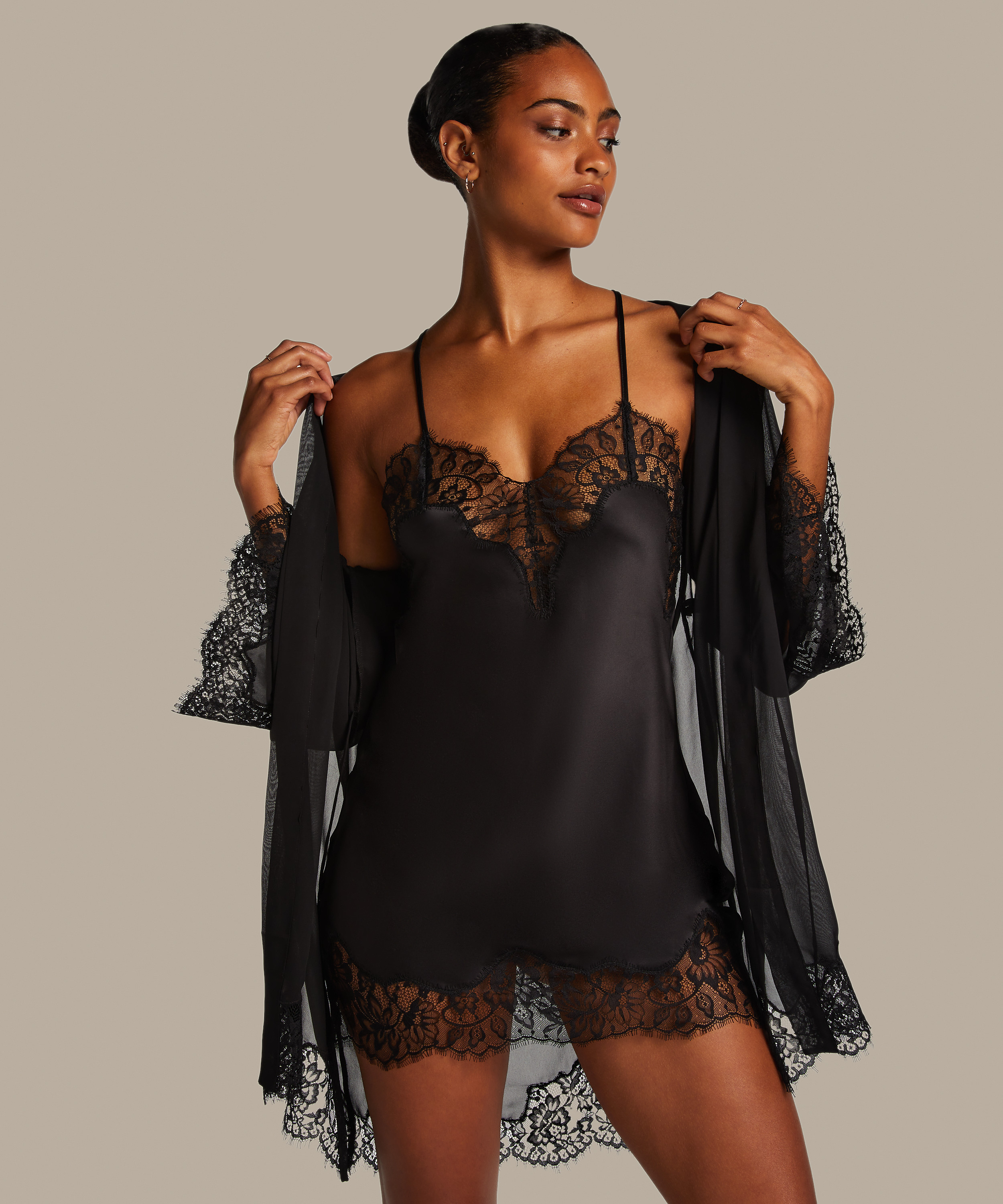 Satin Kimono, Black, main