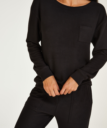 Waffle Placket Pyjama, Black