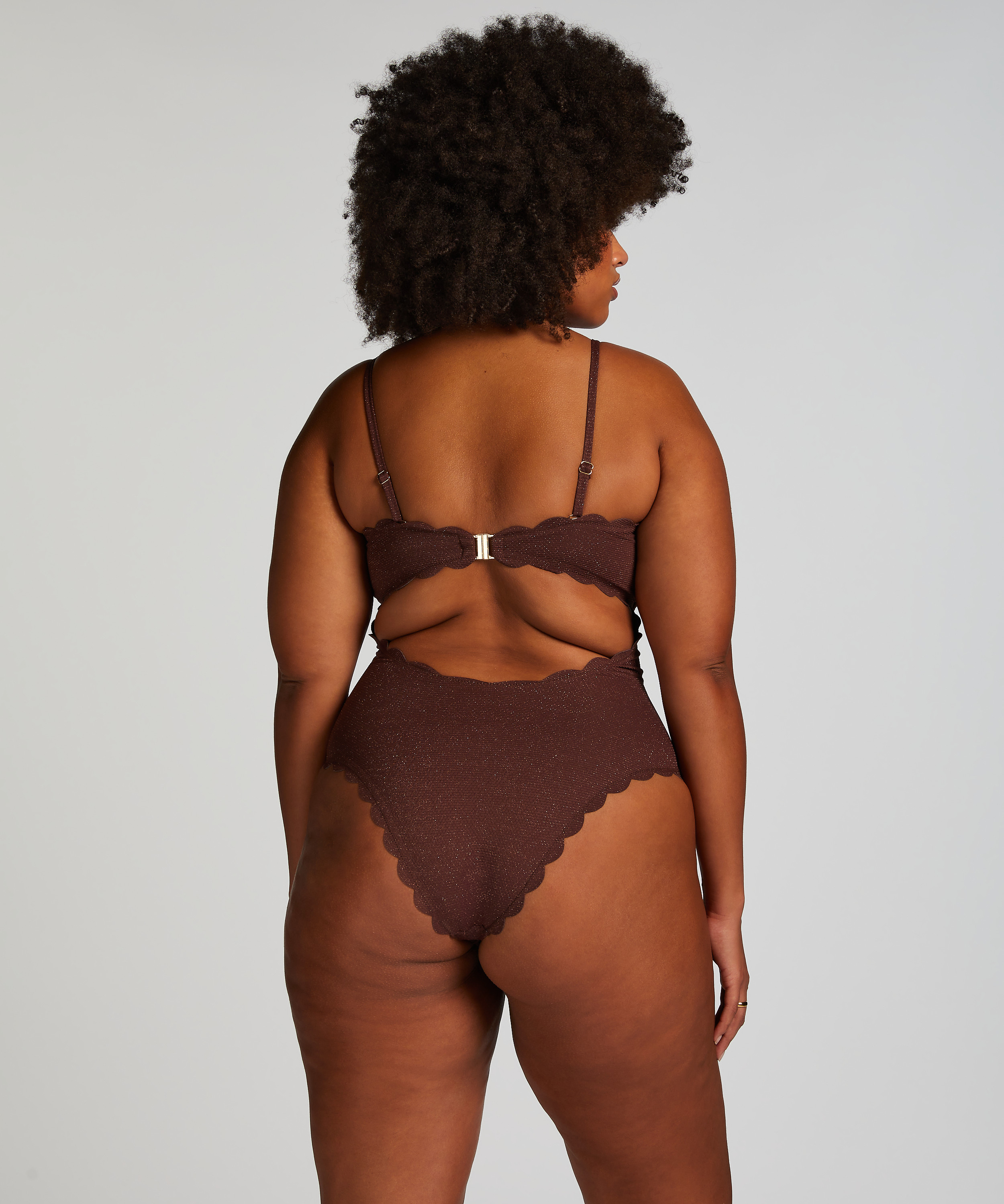 Bandeau Scallop Swimsuit, Brown, main