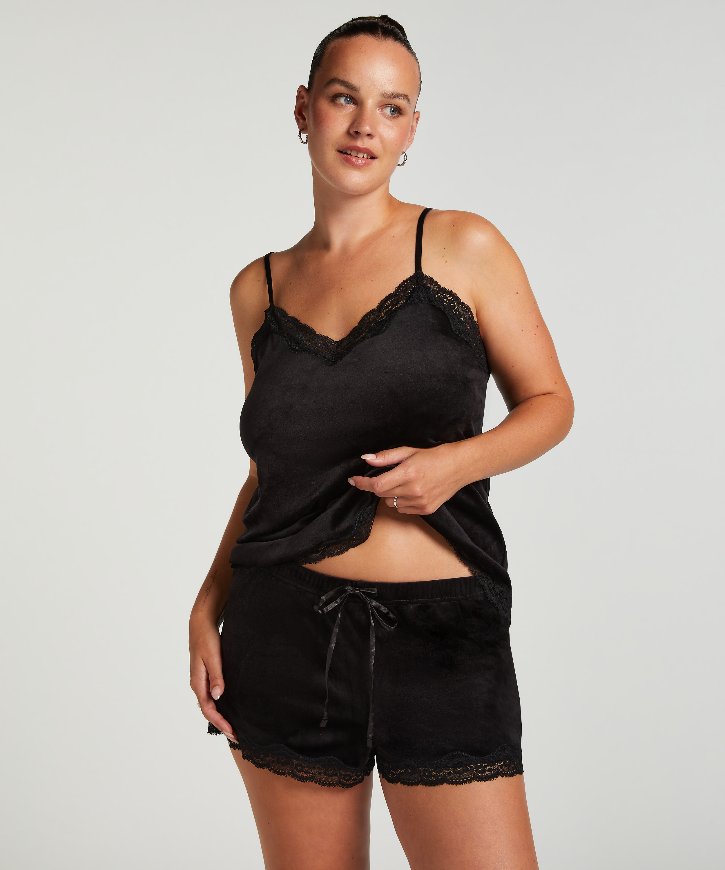 Pyjama Cami Velours , Black, main