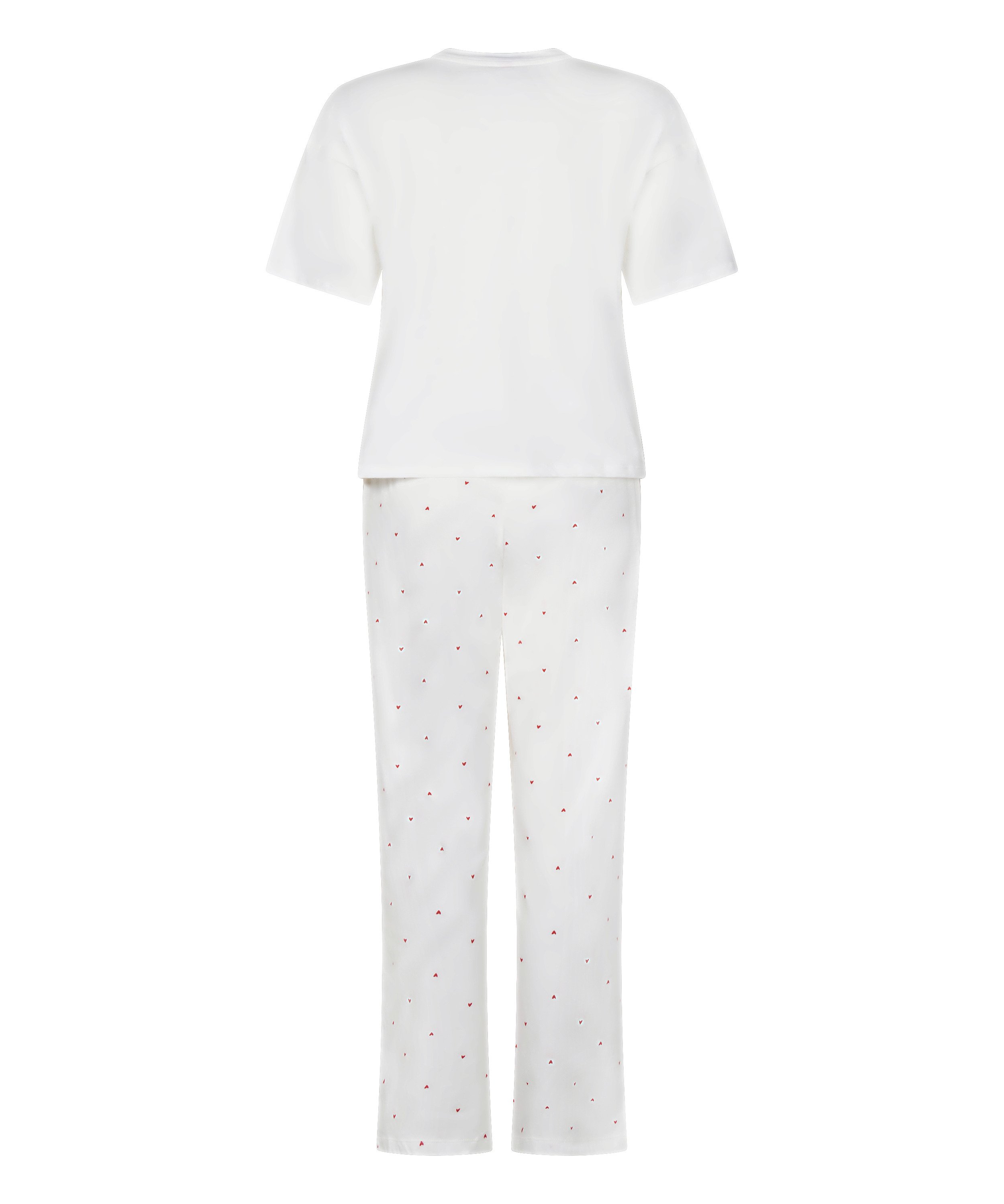 Cozy up in style with this charming pyjama set, designed for ultimate comfort and playful flair. Made from soft, breathable fabric, the set features long pants with an elasticated waist for a perfect, flexible fit and a short-sleeved top. Together, they create a relaxed, coordinated look ideal for lounging or sleeping., White, main