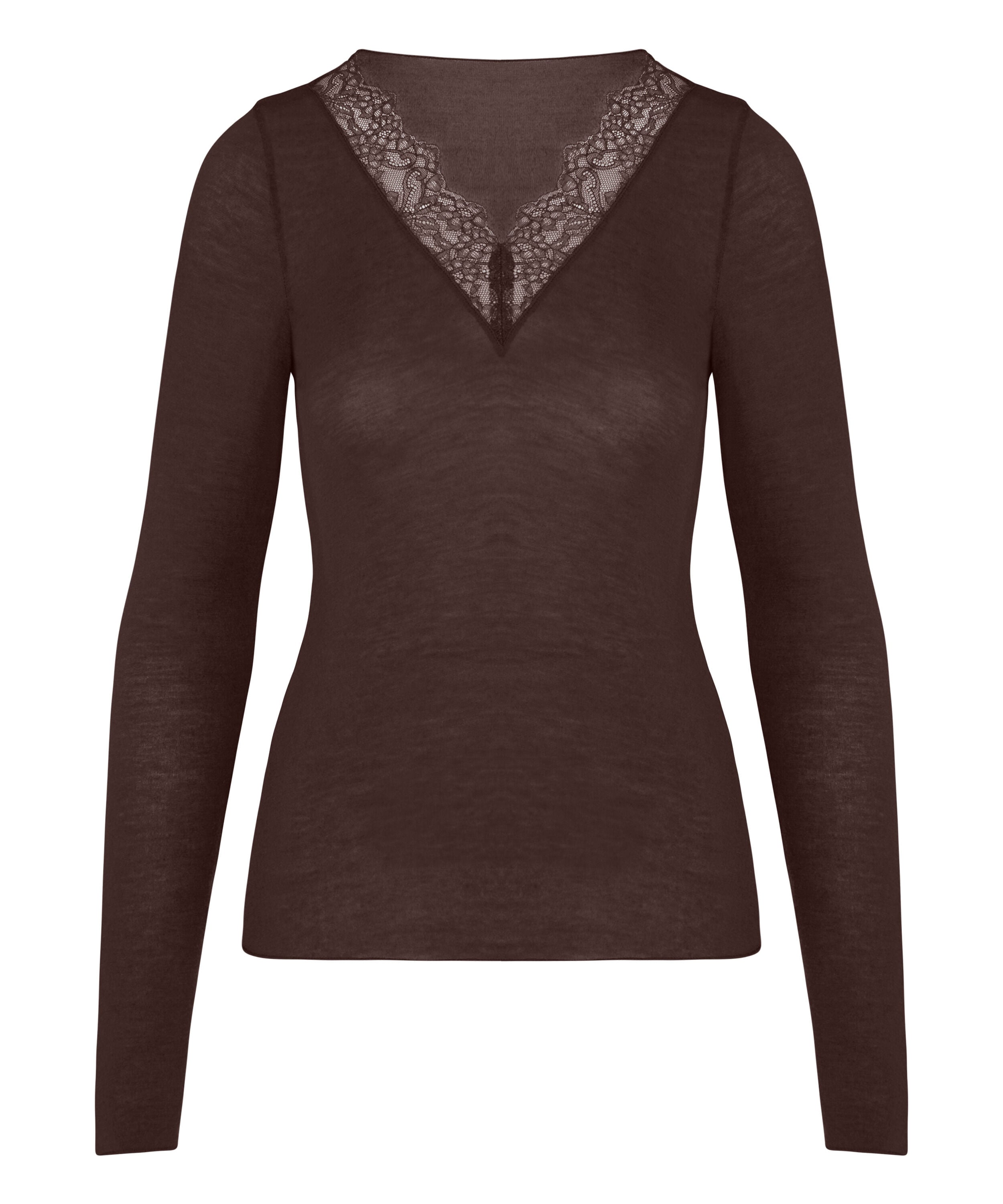 super soft Lace V-Neck Shirt with Cashmere, Brown