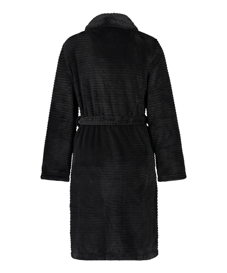 Short Fleece Ribbed Bathrobe, Black